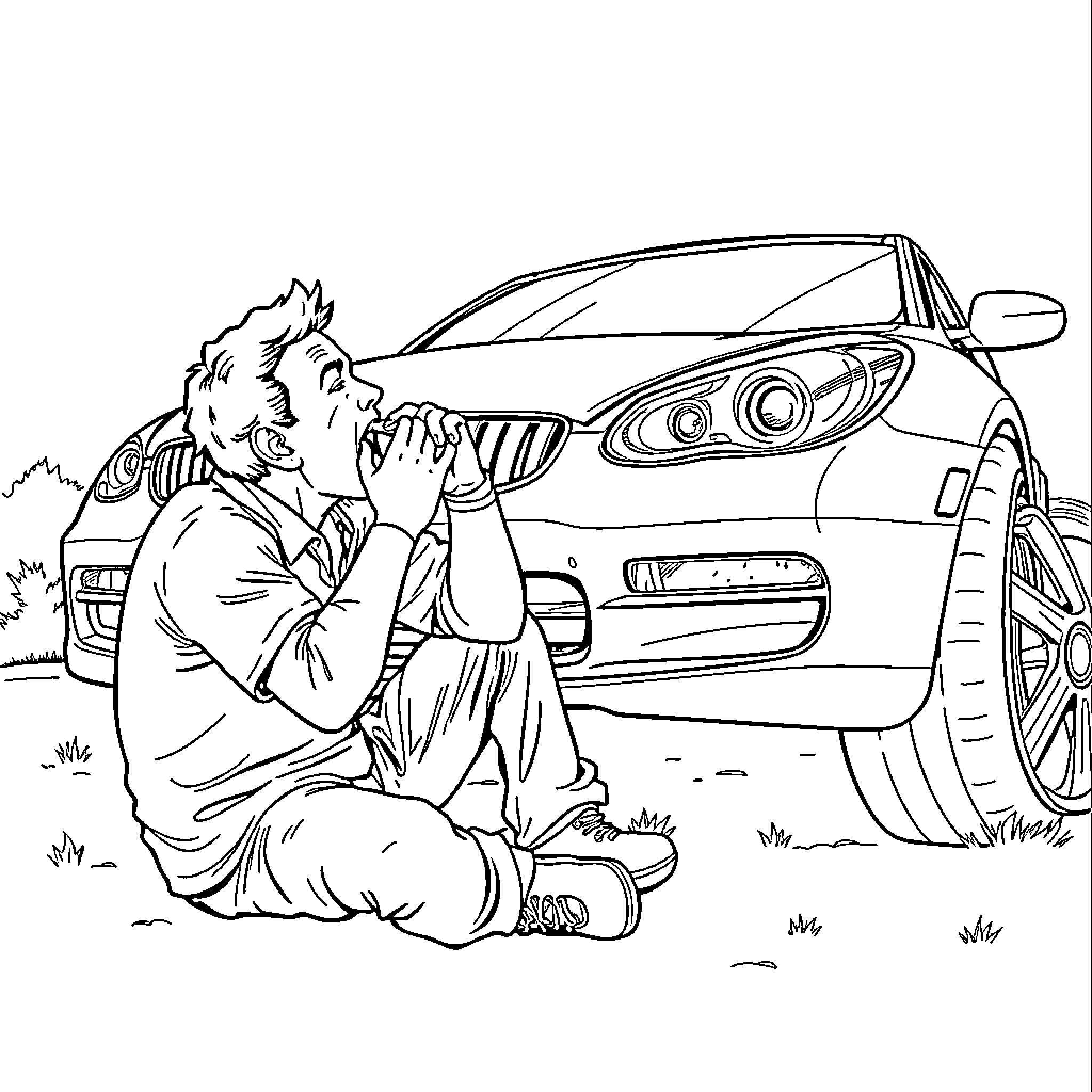 Man examining car with intense focus Coloring Page (free black-and-white line drawing printable PDF for all, from beginners to advanced learners, including children, teens, adults, and seniors)