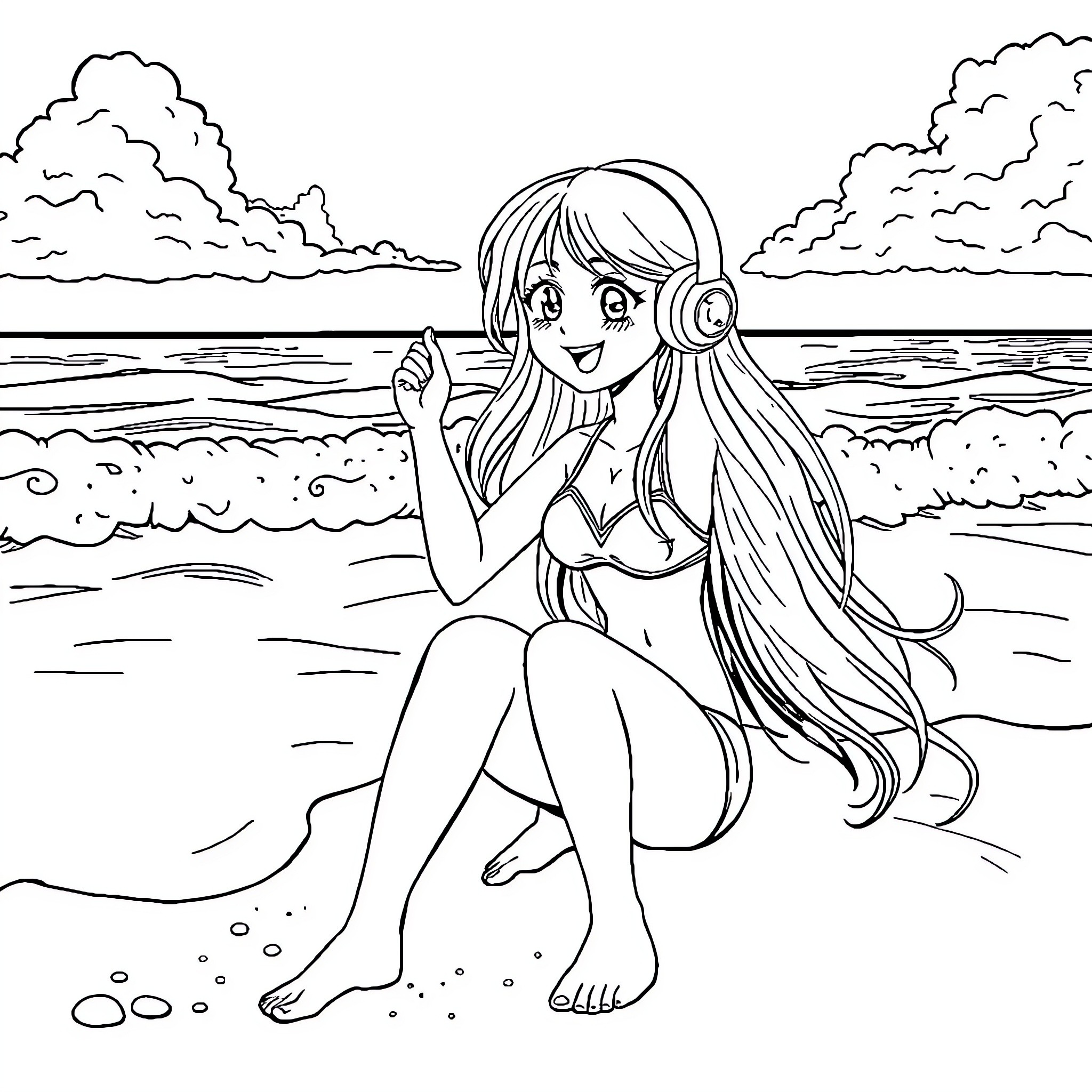 Anime Girl Enjoying Music by the Seaside Coloring Page (free black-and-white line drawing printable PDF for all, from beginners to advanced learners, including children, teens, adults, and seniors)