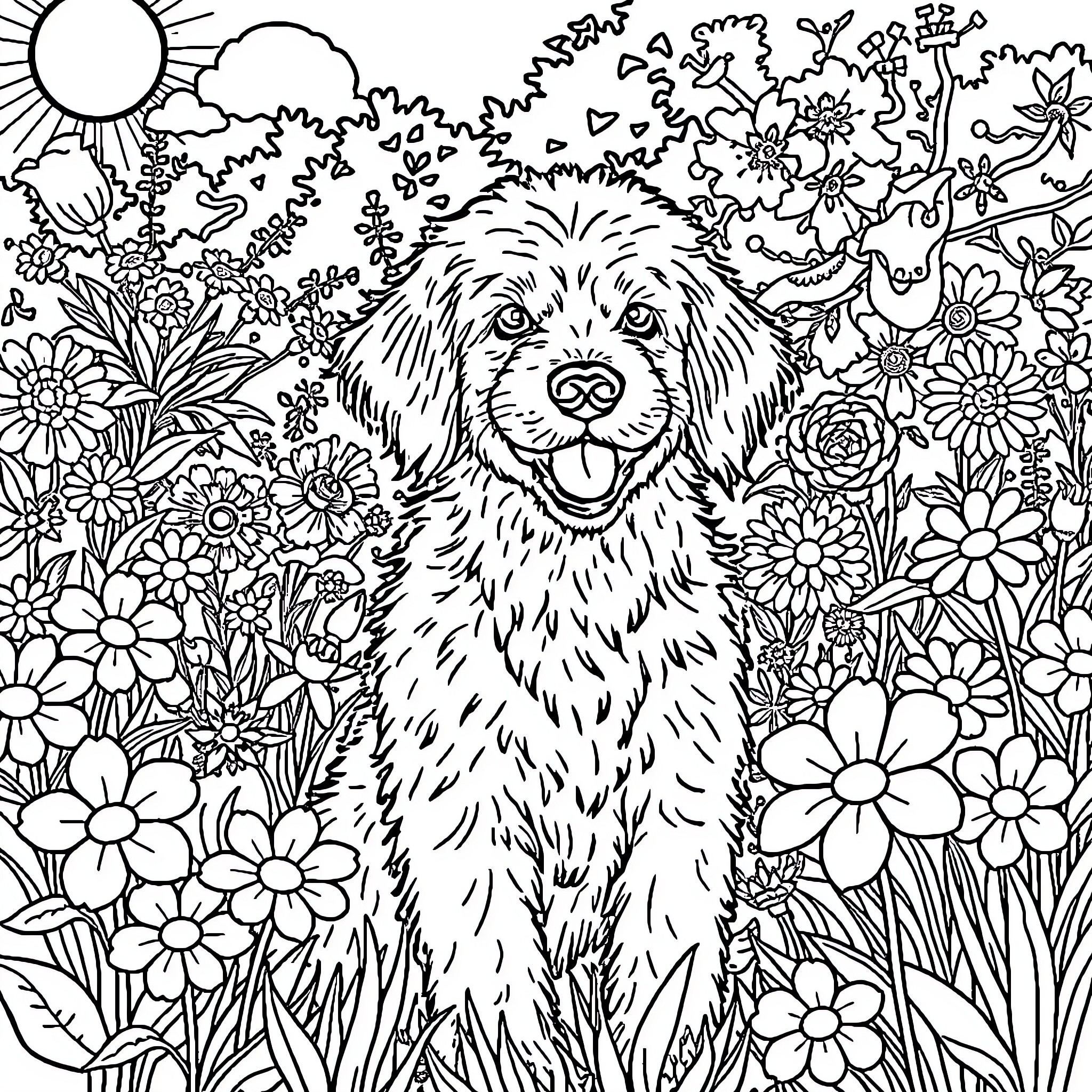 Dog enjoying a floral garden Coloring Page (free black-and-white line drawing printable PDF for all, from beginners to advanced learners, including children, teens, adults, and seniors)