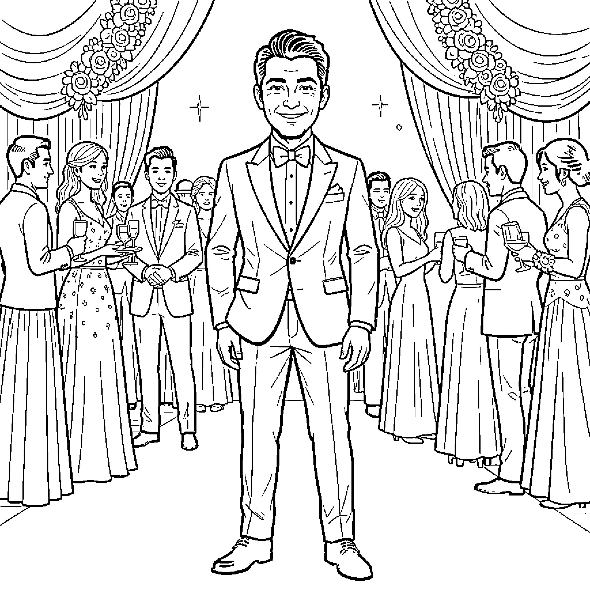 Chambelán Presides over Elegant Wedding Celebration Coloring Page (free black-and-white line drawing printable PDF for all, from beginners to advanced learners, including children, teens, adults, and seniors)