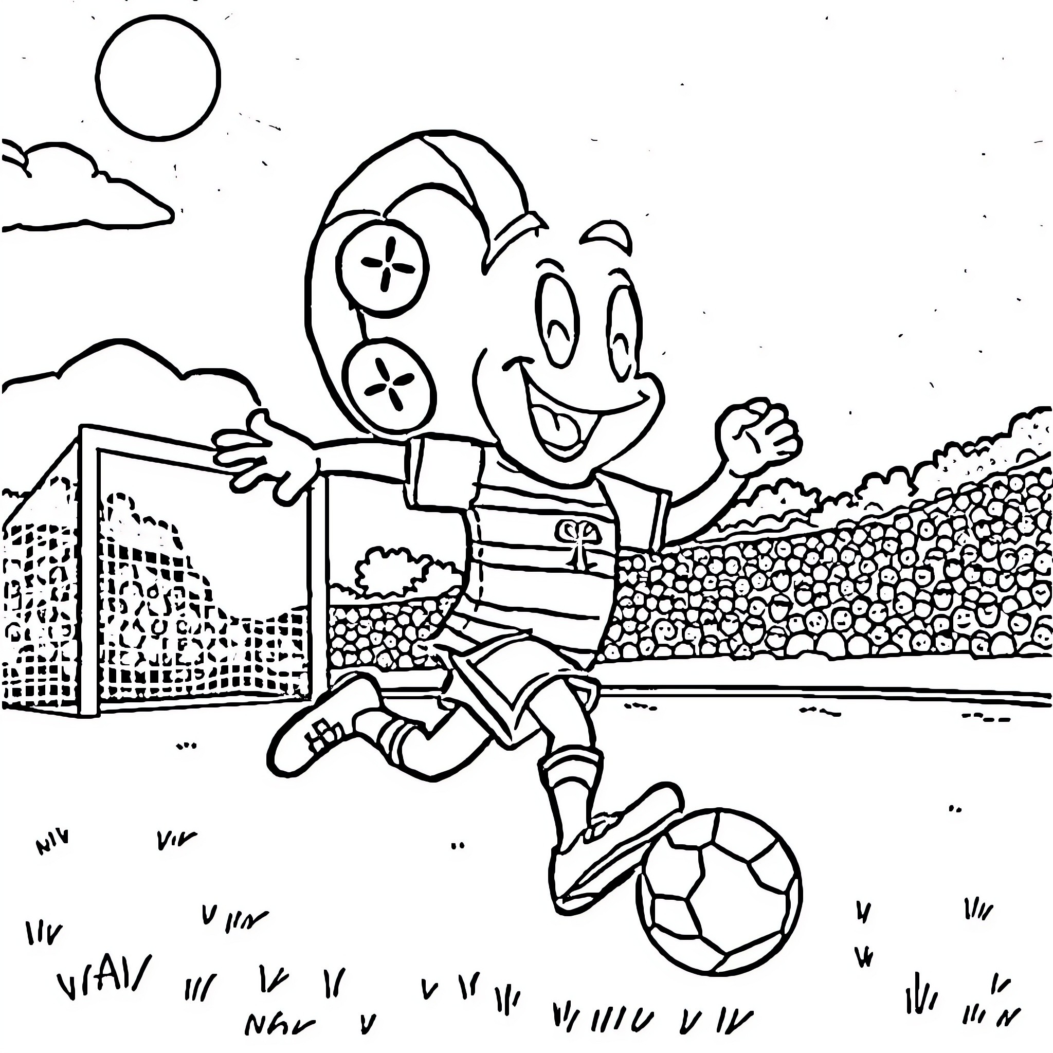 Mascot playing soccer on the field Coloring Page (free black-and-white line drawing printable PDF for all, from beginners to advanced learners, including children, teens, adults, and seniors)