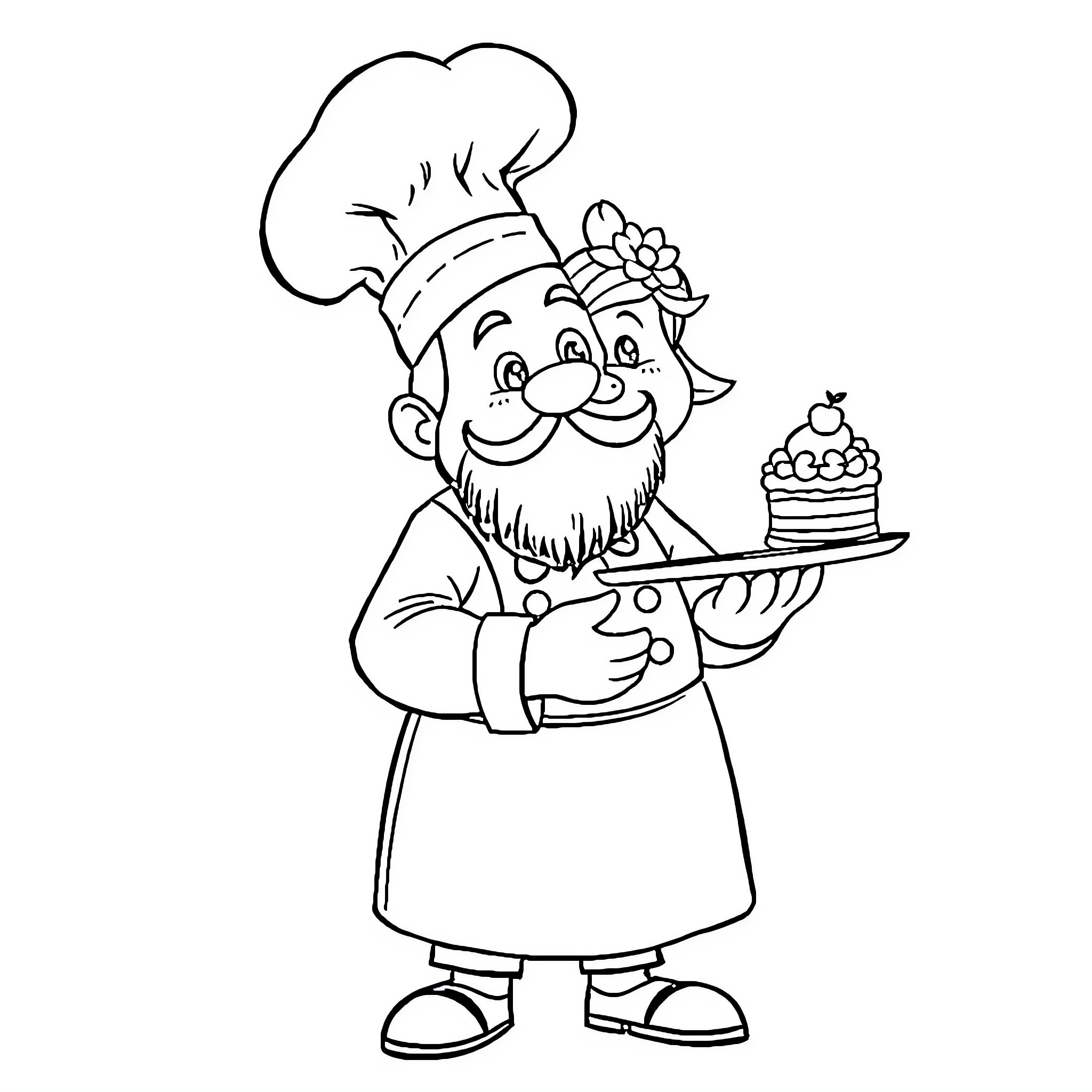 Cuisinier carrying a delightful dessert Coloring Page (free black-and-white line drawing printable PDF for all, from beginners to advanced learners, including children, teens, adults, and seniors)