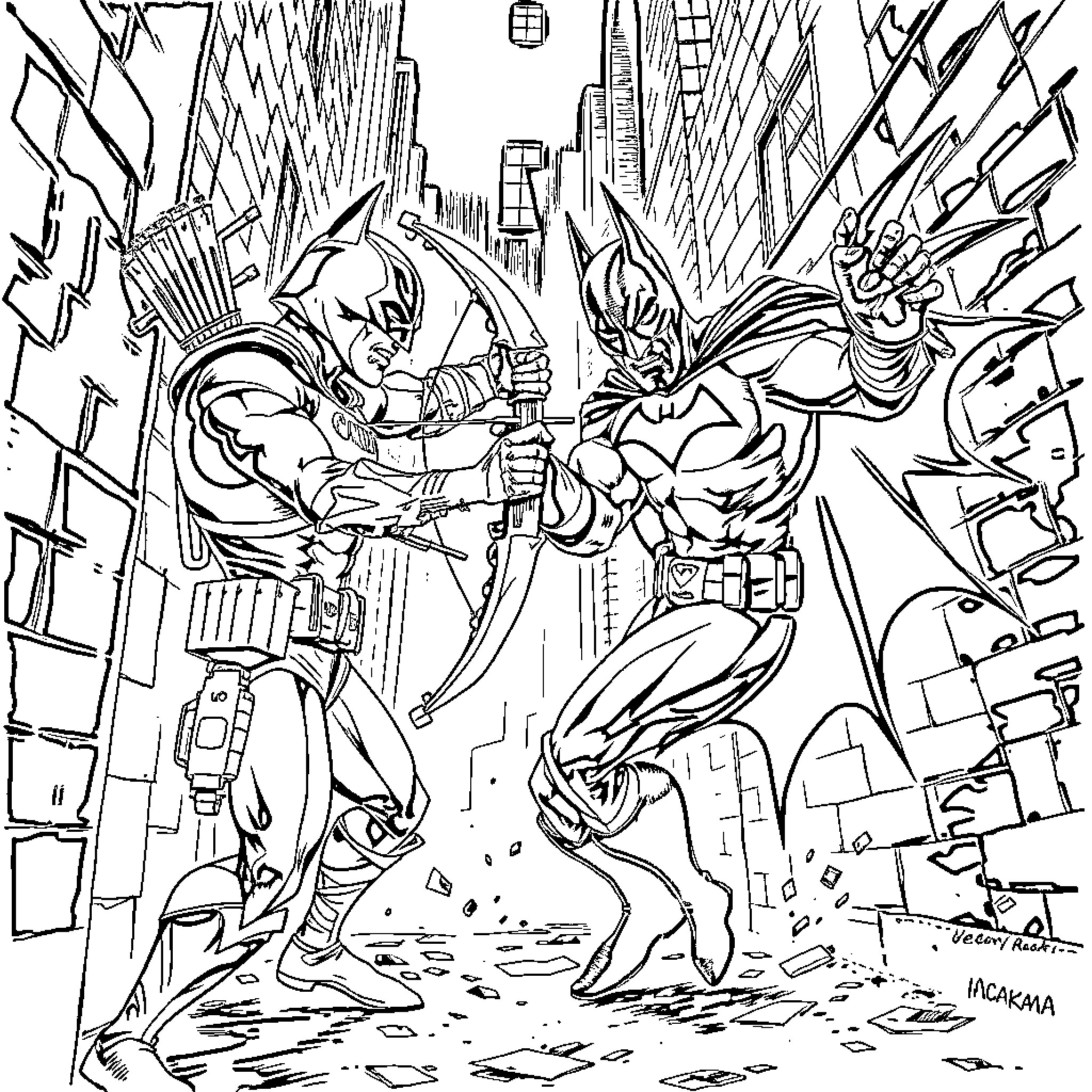 Green Arrow and Batman Clash in Chaotic City Street Coloring Page (free black-and-white line drawing printable PDF for all, from beginners to advanced learners, including children, teens, adults, and seniors)