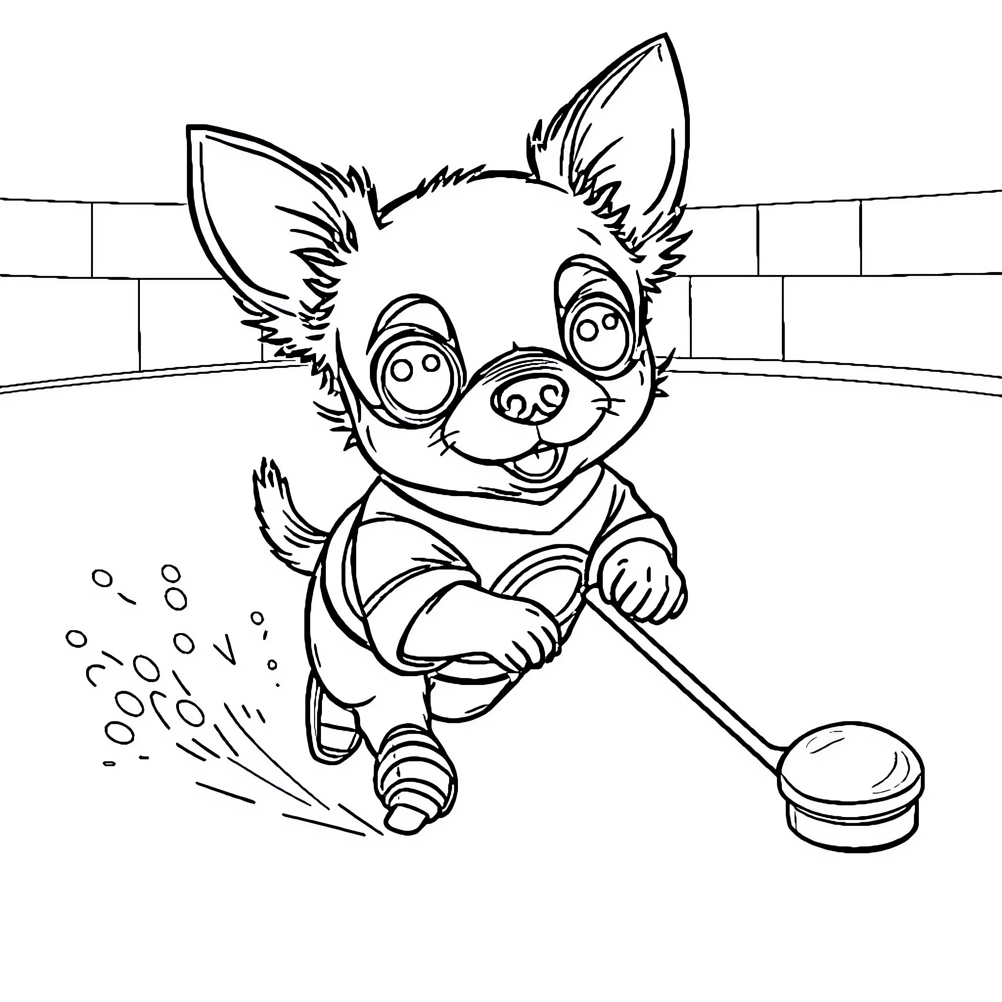 Chihuahua playing joyfully with a water hose Coloring Page (free black-and-white line drawing printable PDF for all, from beginners to advanced learners, including children, teens, adults, and seniors)