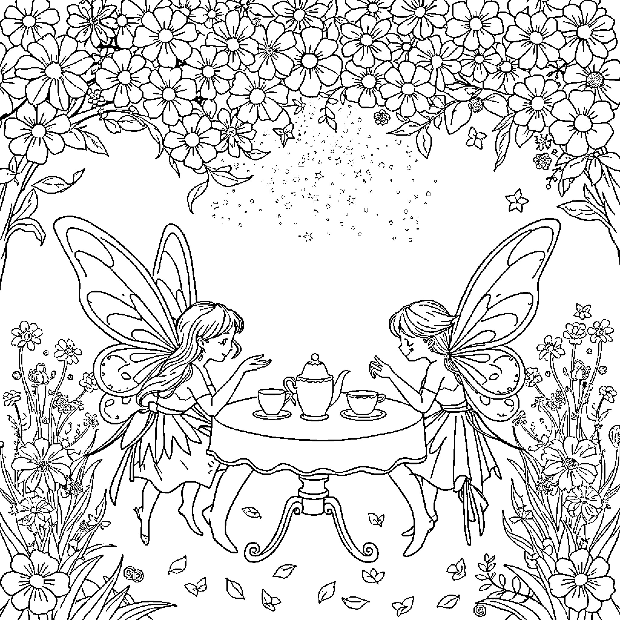 Fairy tea party in the enchanted garden Coloring Page (free black-and-white line drawing printable PDF for all, from beginners to advanced learners, including children, teens, adults, and seniors)