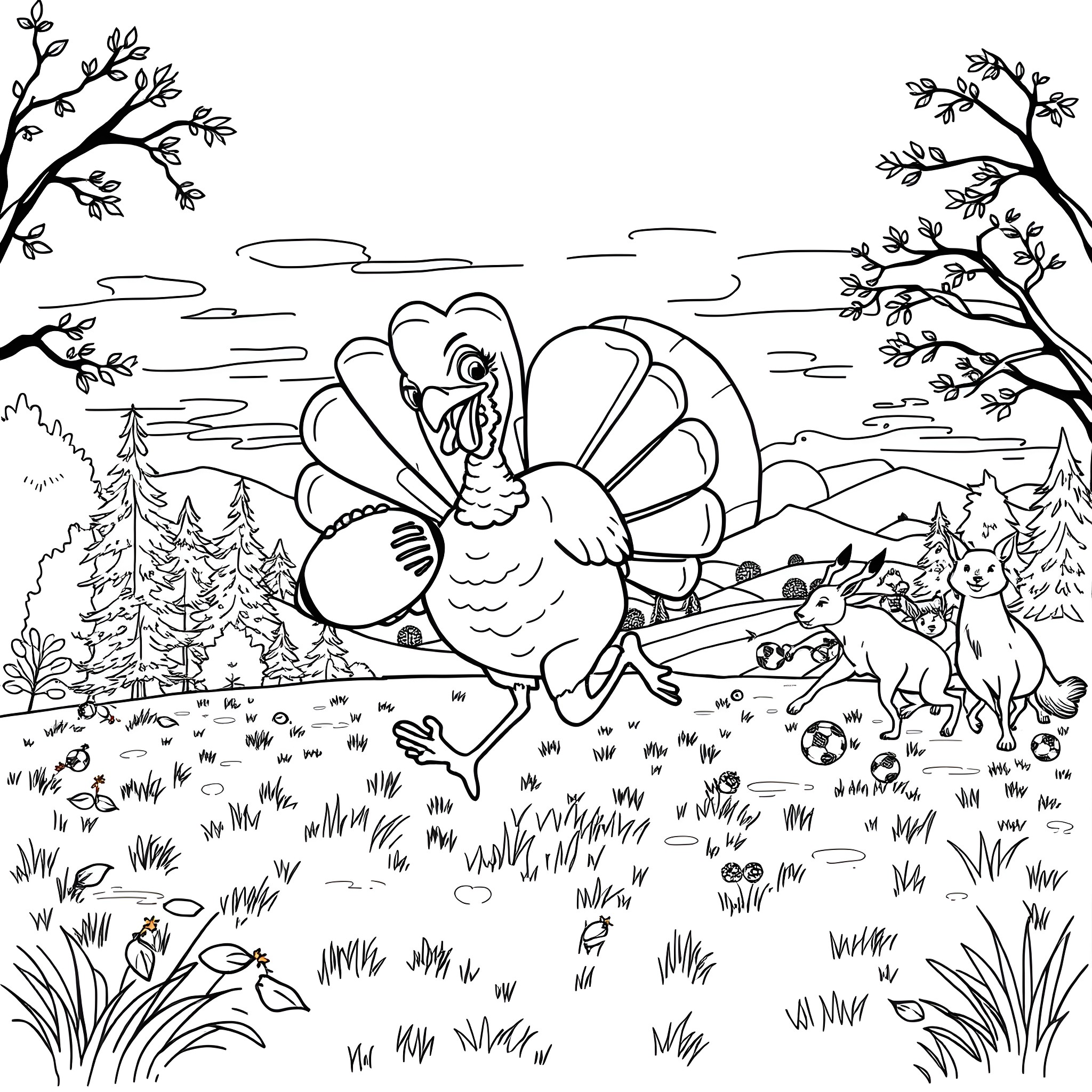 Turkey wandering in the forest with woodland creatures Coloring Page (free black-and-white line drawing printable PDF for all, from beginners to advanced learners, including children, teens, adults, and seniors)