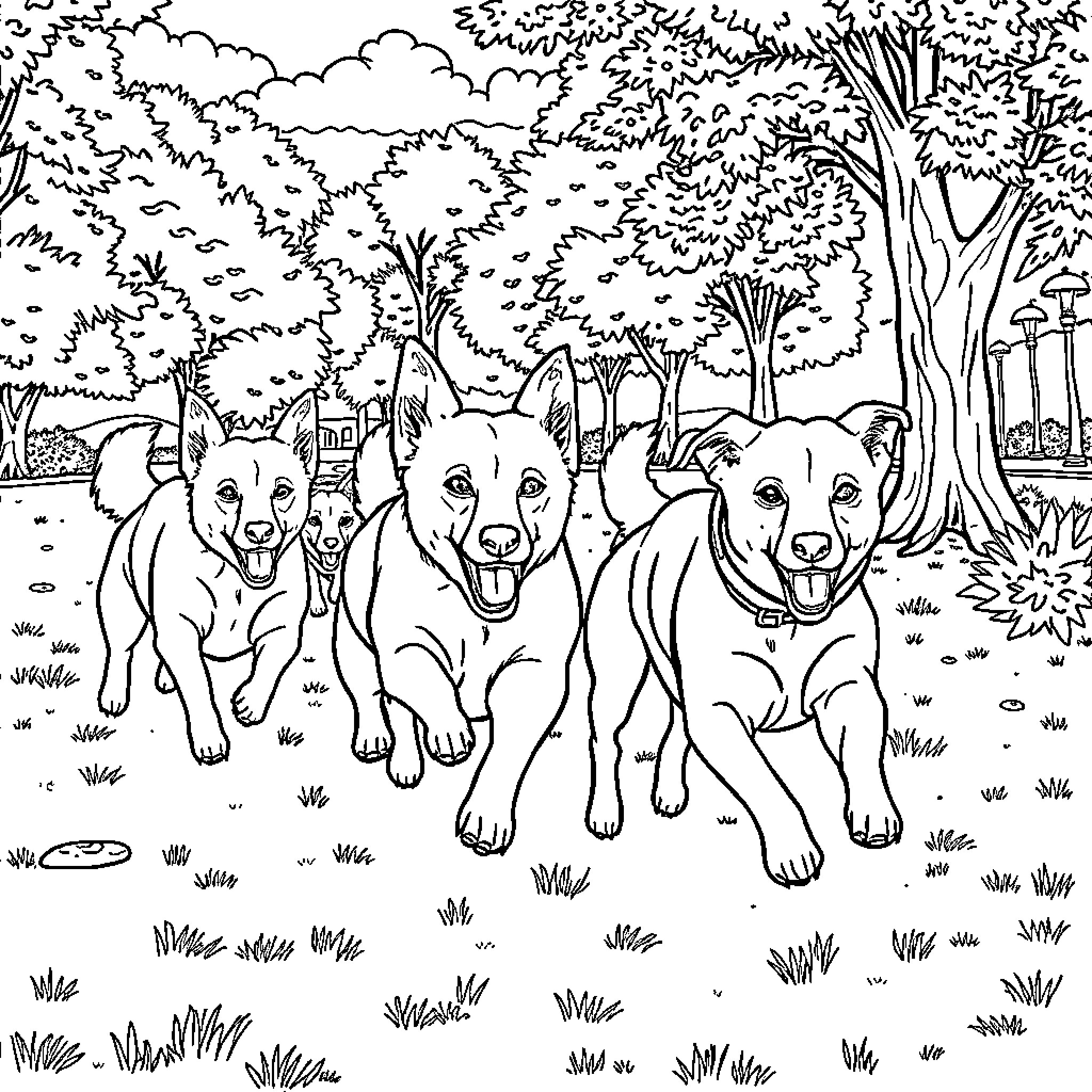 Dog trio explore the forest landscape Coloring Page (free black-and-white line drawing printable PDF for all, from beginners to advanced learners, including children, teens, adults, and seniors)