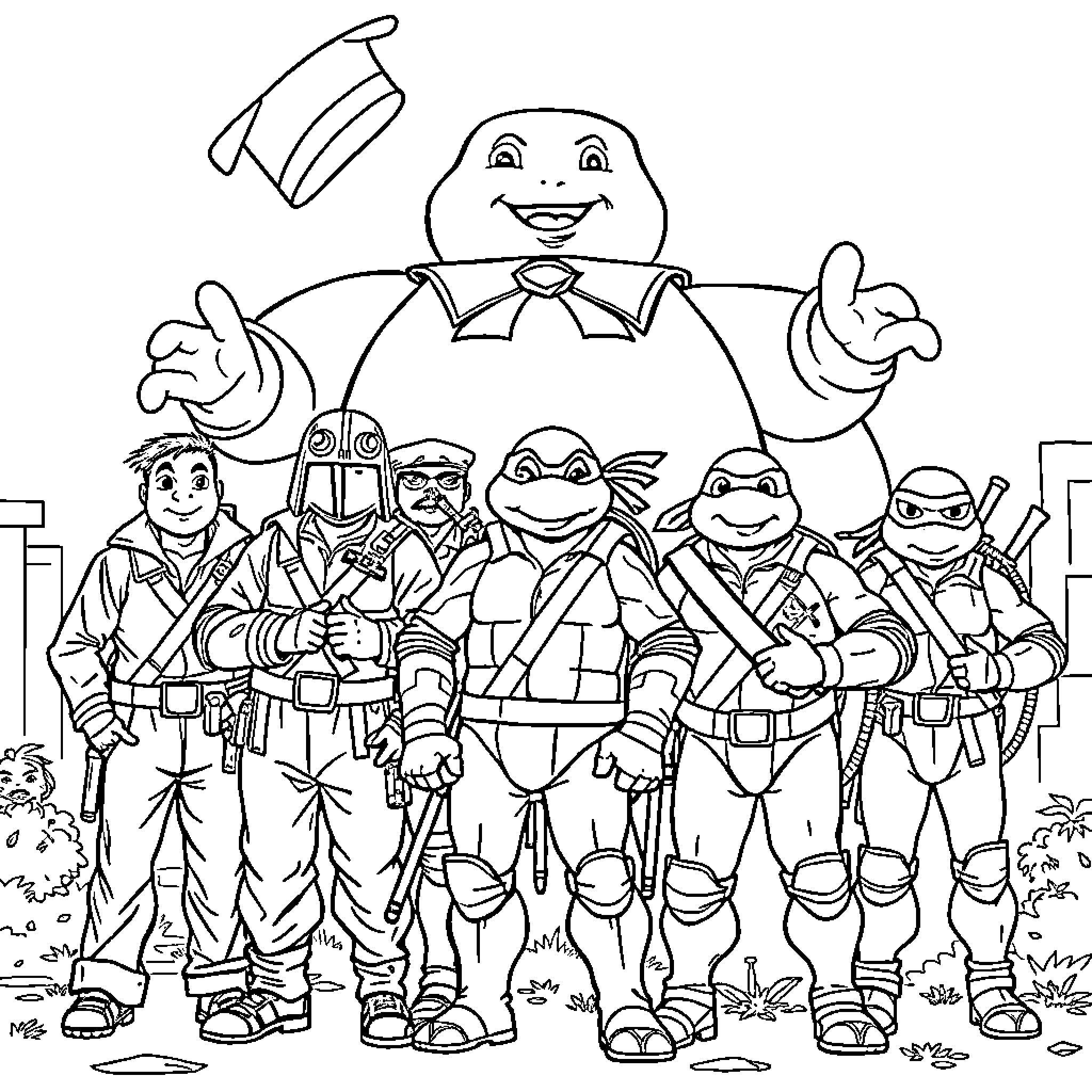 Ghostbusters characters in action poses Coloring Page (free black-and-white line drawing printable PDF for all, from beginners to advanced learners, including children, teens, adults, and seniors)