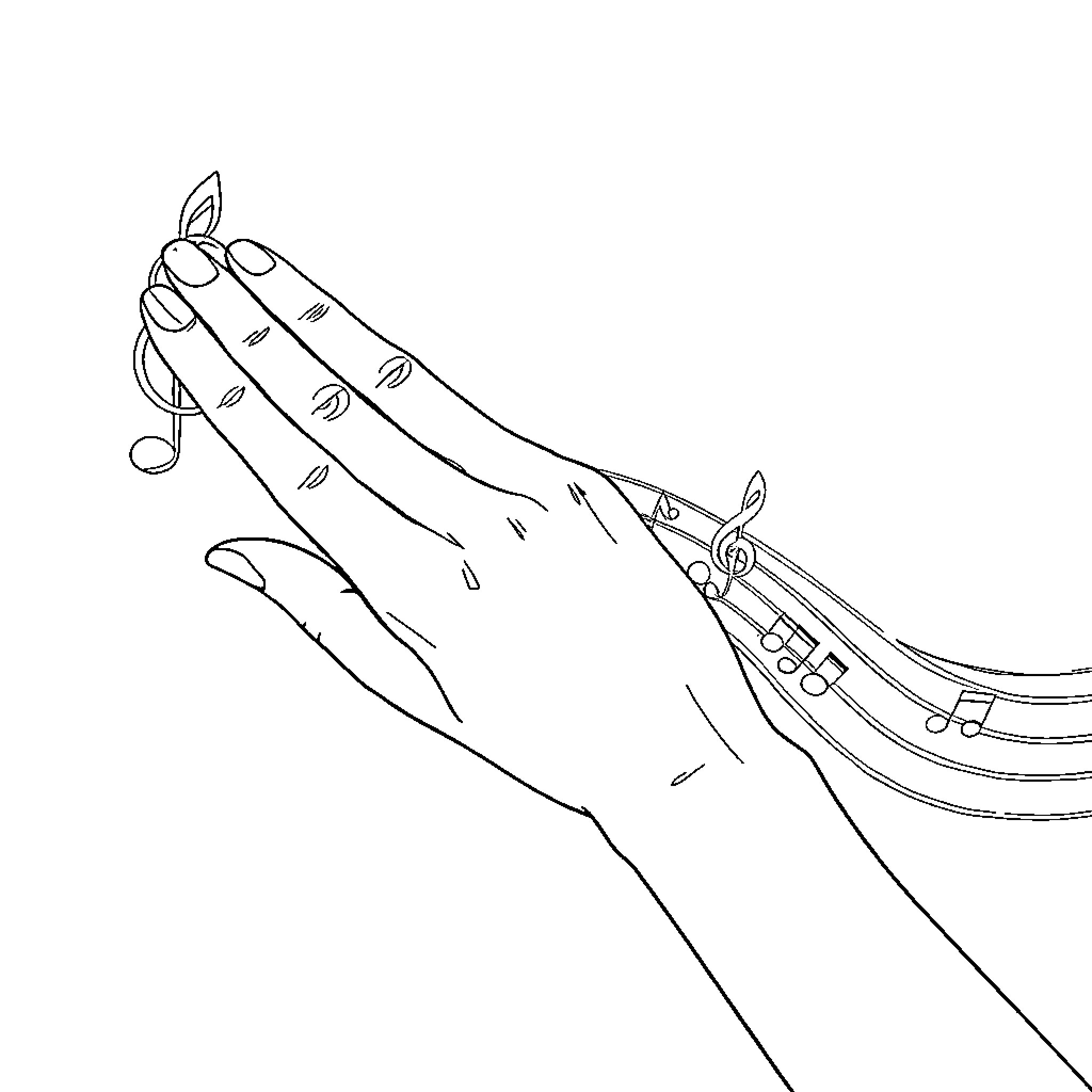 Nota Elegant Hands Holding Musical Notes Coloring Page (free black-and-white line drawing printable PDF for all, from beginners to advanced learners, including children, teens, adults, and seniors)