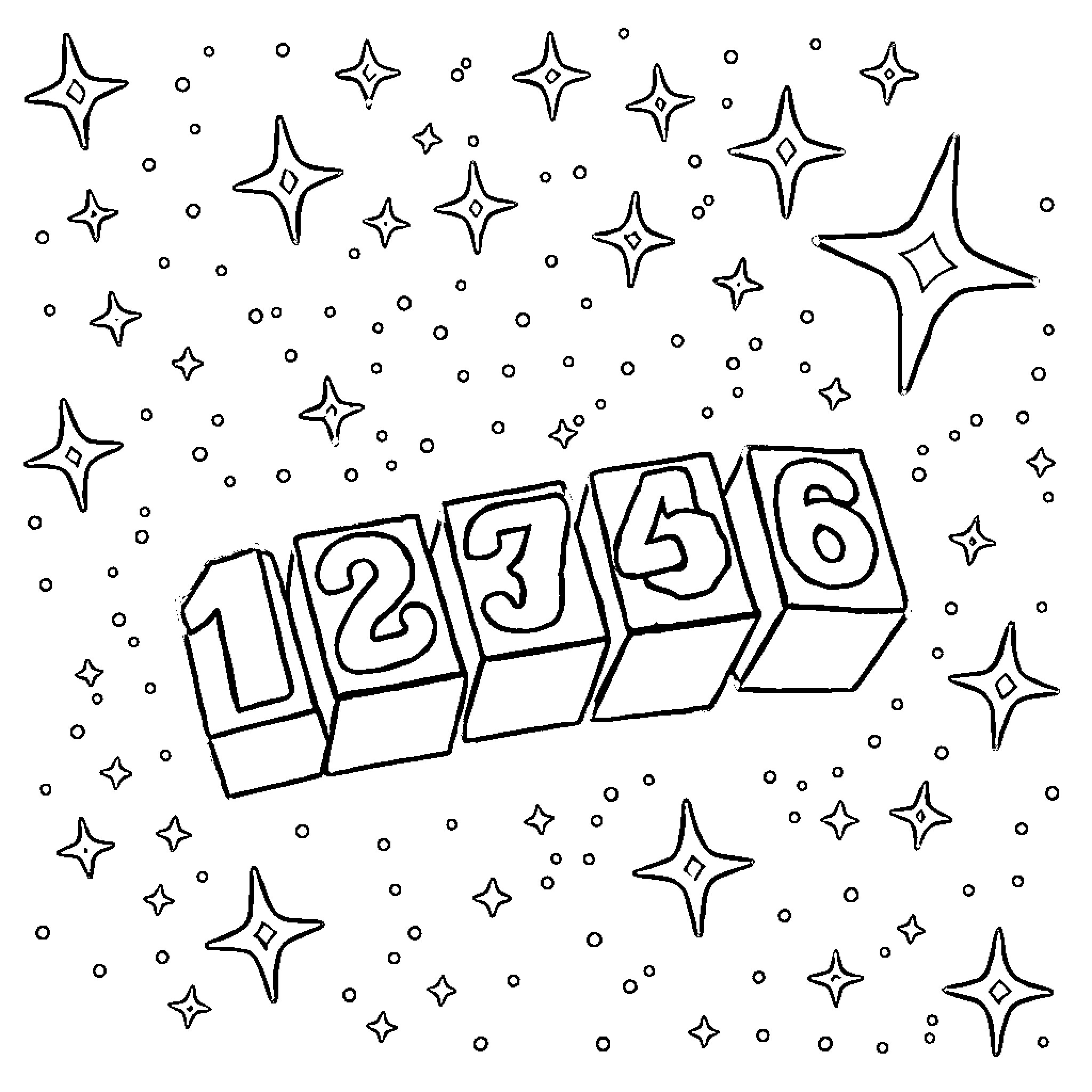 Number Countdown with Sparkling Stars Coloring Page (free black-and-white line drawing printable PDF for all, from beginners to advanced learners, including children, teens, adults, and seniors)