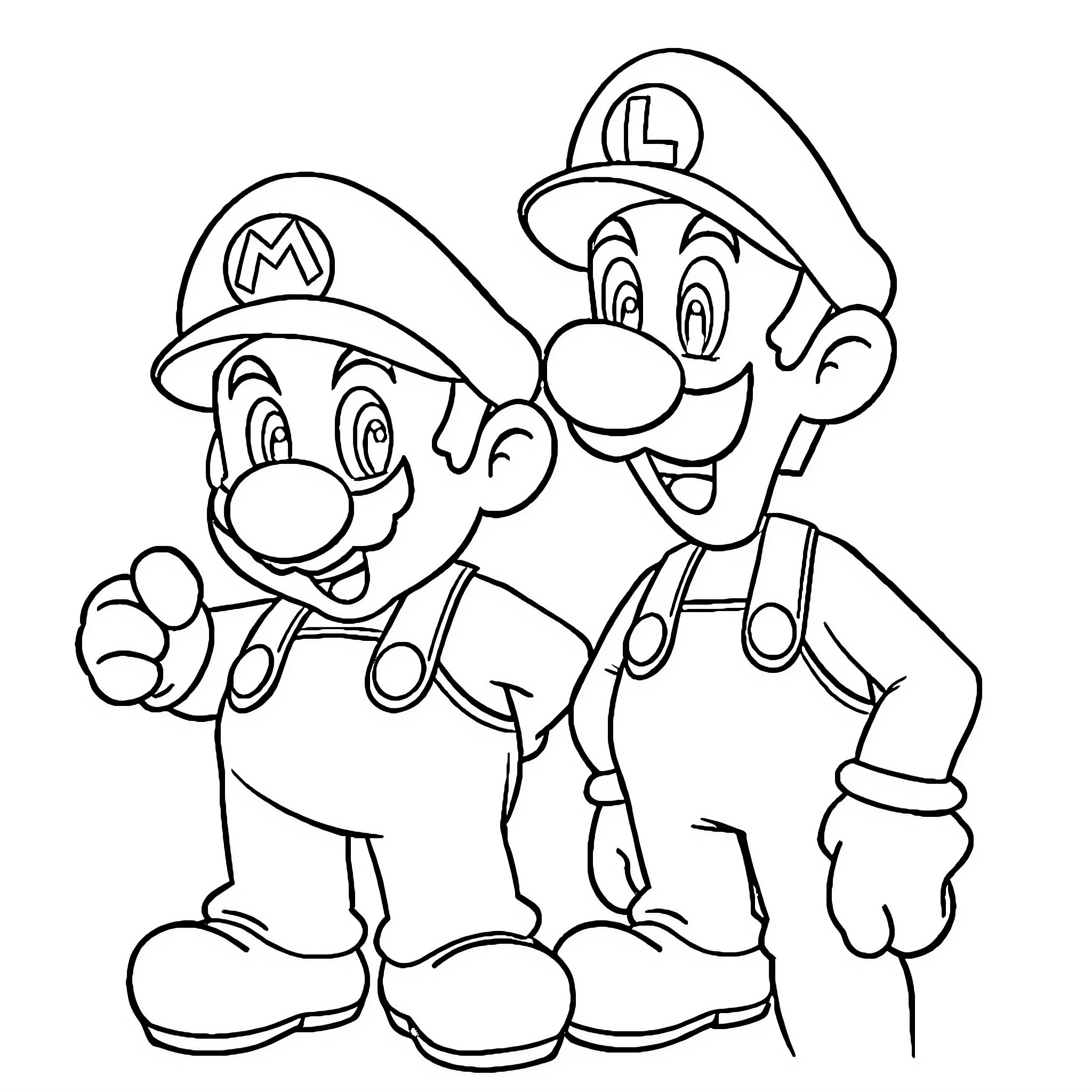 Mario and Luigi celebrating happily Coloring Page (free black-and-white line drawing printable PDF for all, from beginners to advanced learners, including children, teens, adults, and seniors)