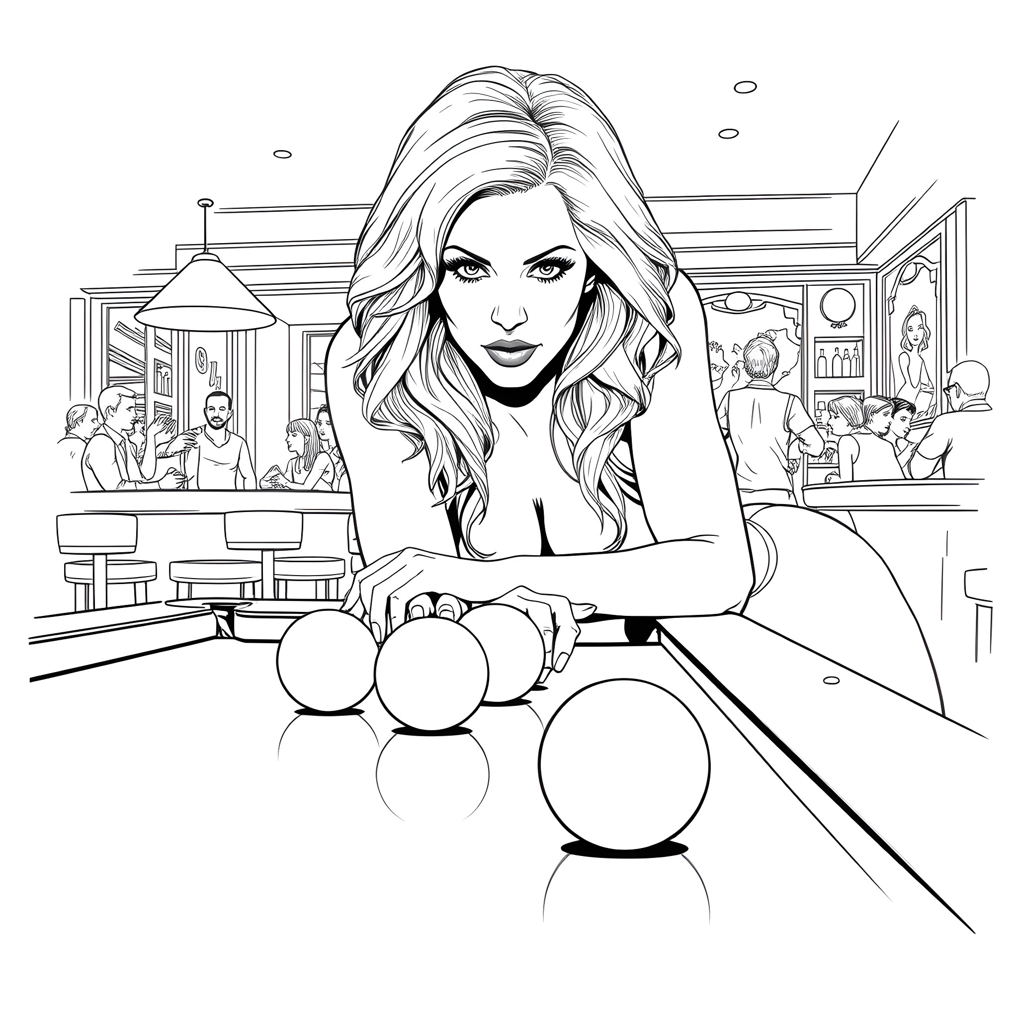 Pamela Anderson posing in a bar setting Coloring Page (free black-and-white line drawing printable PDF for all, from beginners to advanced learners, including children, teens, adults, and seniors)