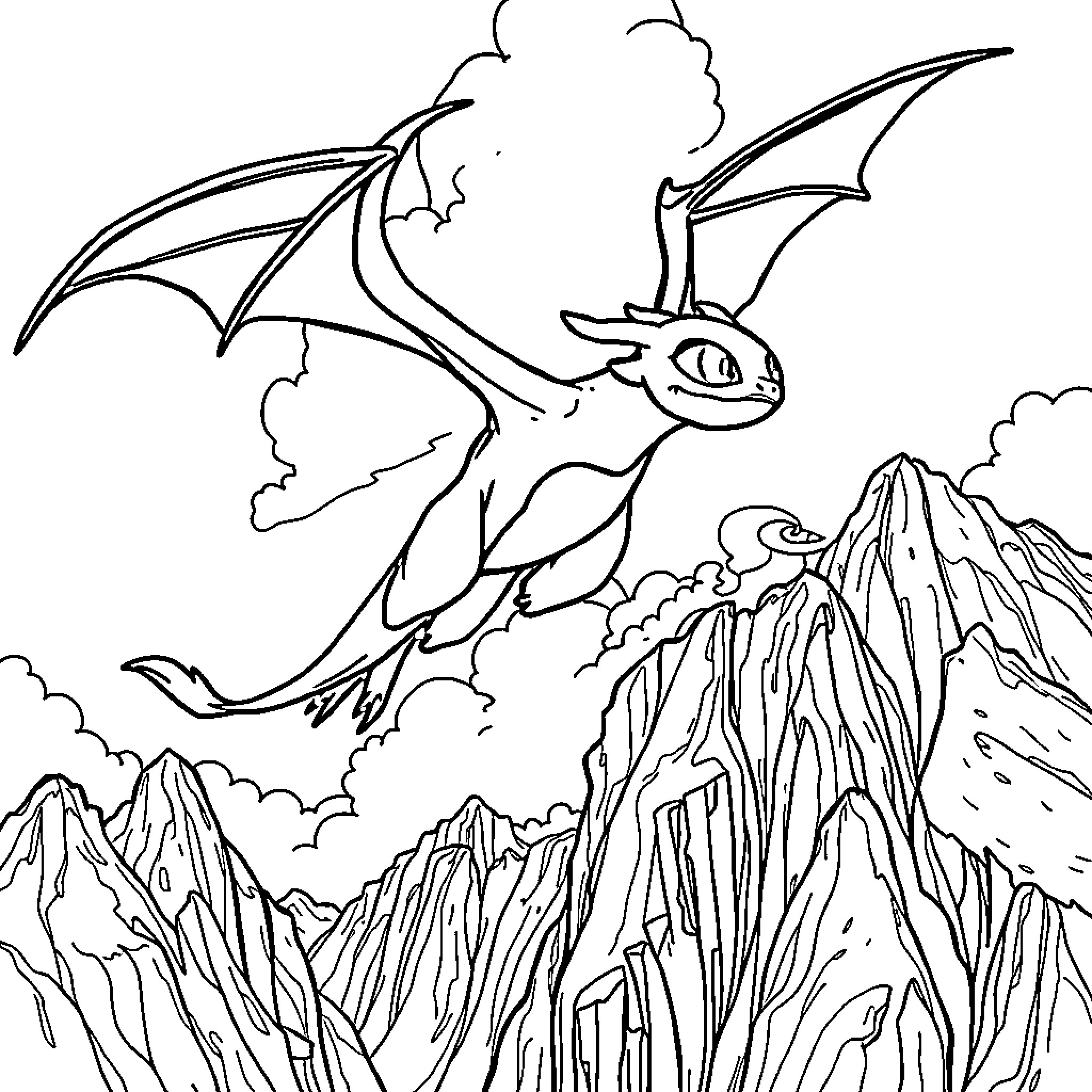 Toothless soaring over rocky mountain landscape Coloring Page (free black-and-white line drawing printable PDF for all, from beginners to advanced learners, including children, teens, adults, and seniors)