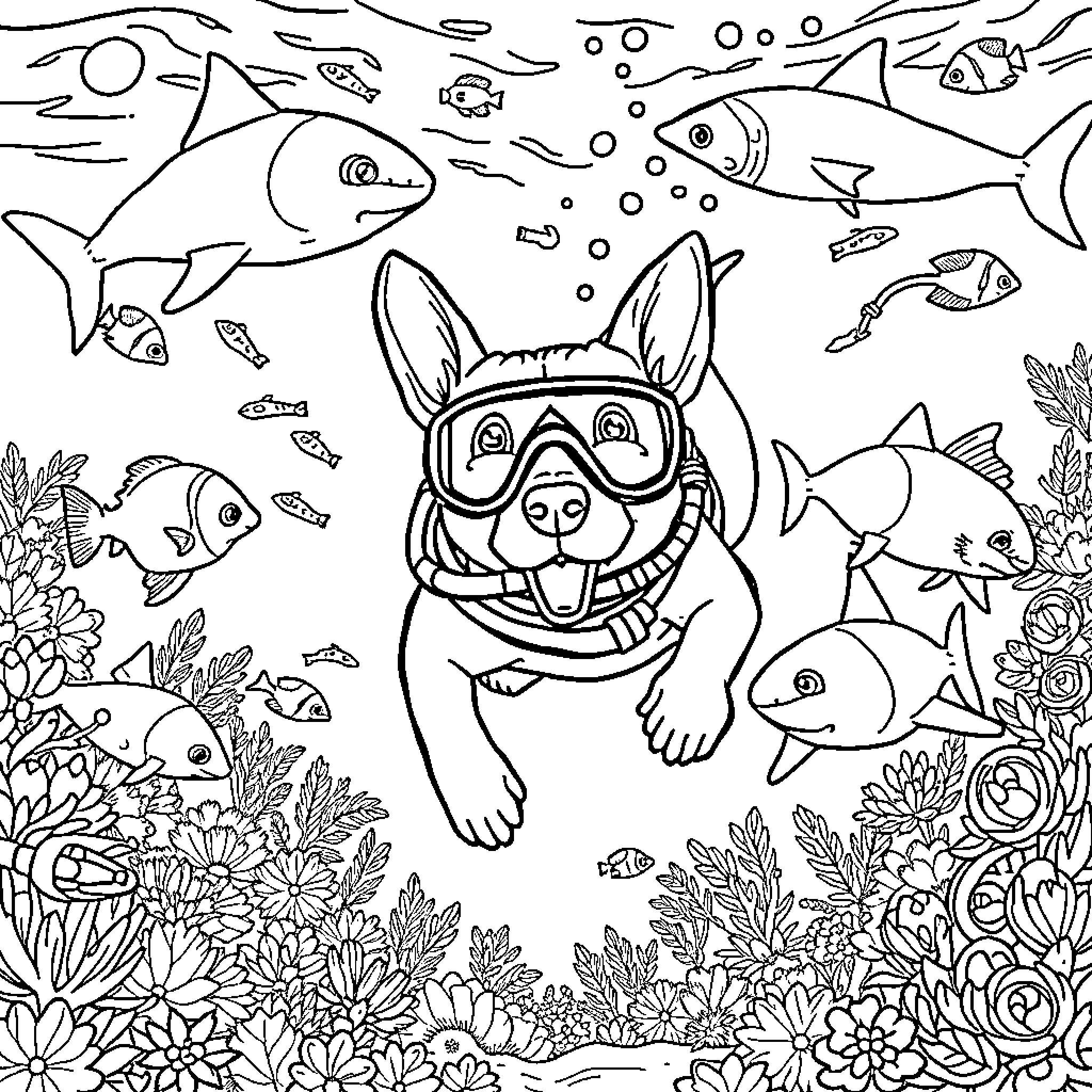 Dog diving underwater with scuba gear Coloring Page (free black-and-white line drawing printable PDF for all, from beginners to advanced learners, including children, teens, adults, and seniors)