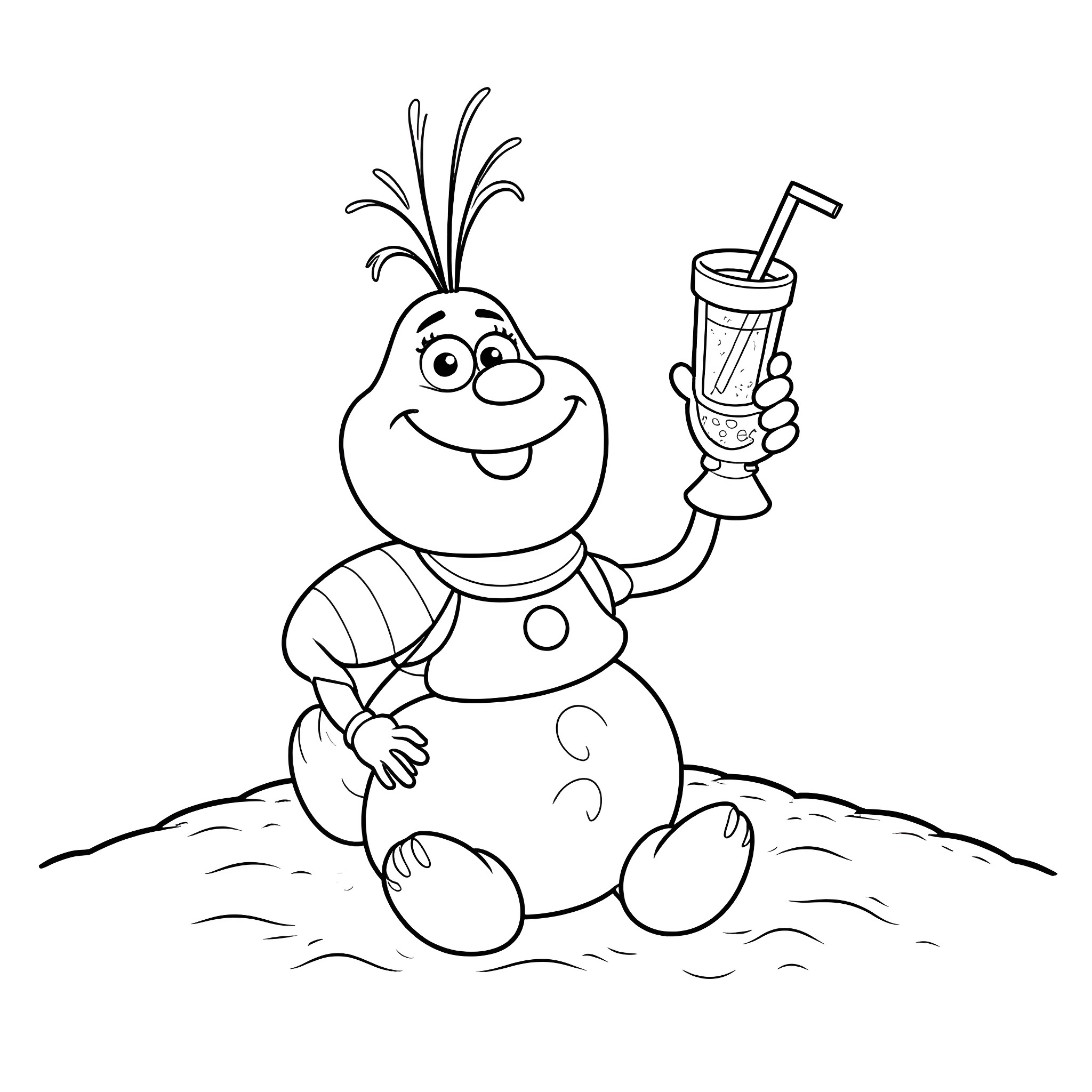 Olaf enjoying a refreshing drink on a snowy day Coloring Page (free black-and-white line drawing printable PDF for all, from beginners to advanced learners, including children, teens, adults, and seniors)