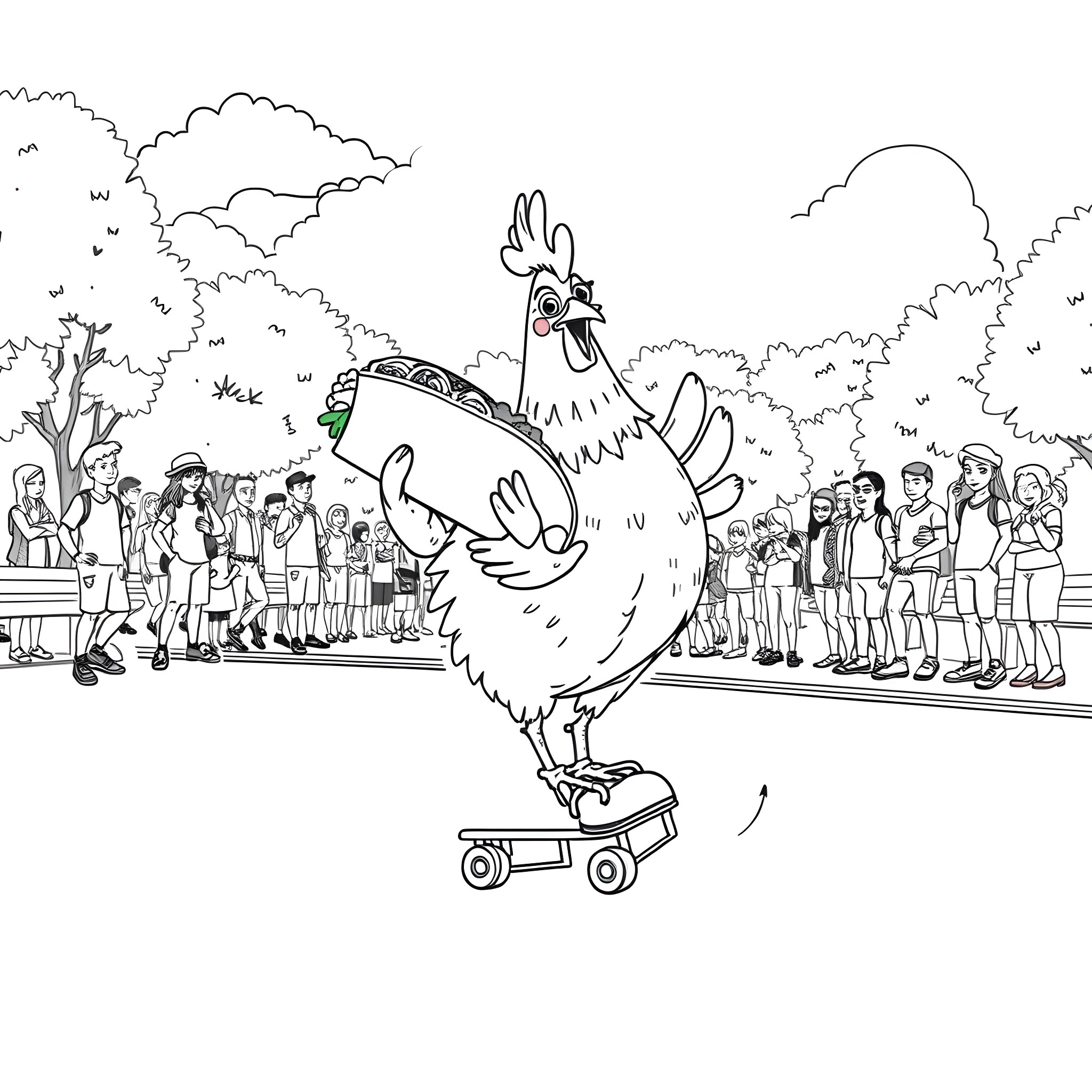 Chicken roller skating in a public gathering Coloring Page (free black-and-white line drawing printable PDF for all, from beginners to advanced learners, including children, teens, adults, and seniors)
