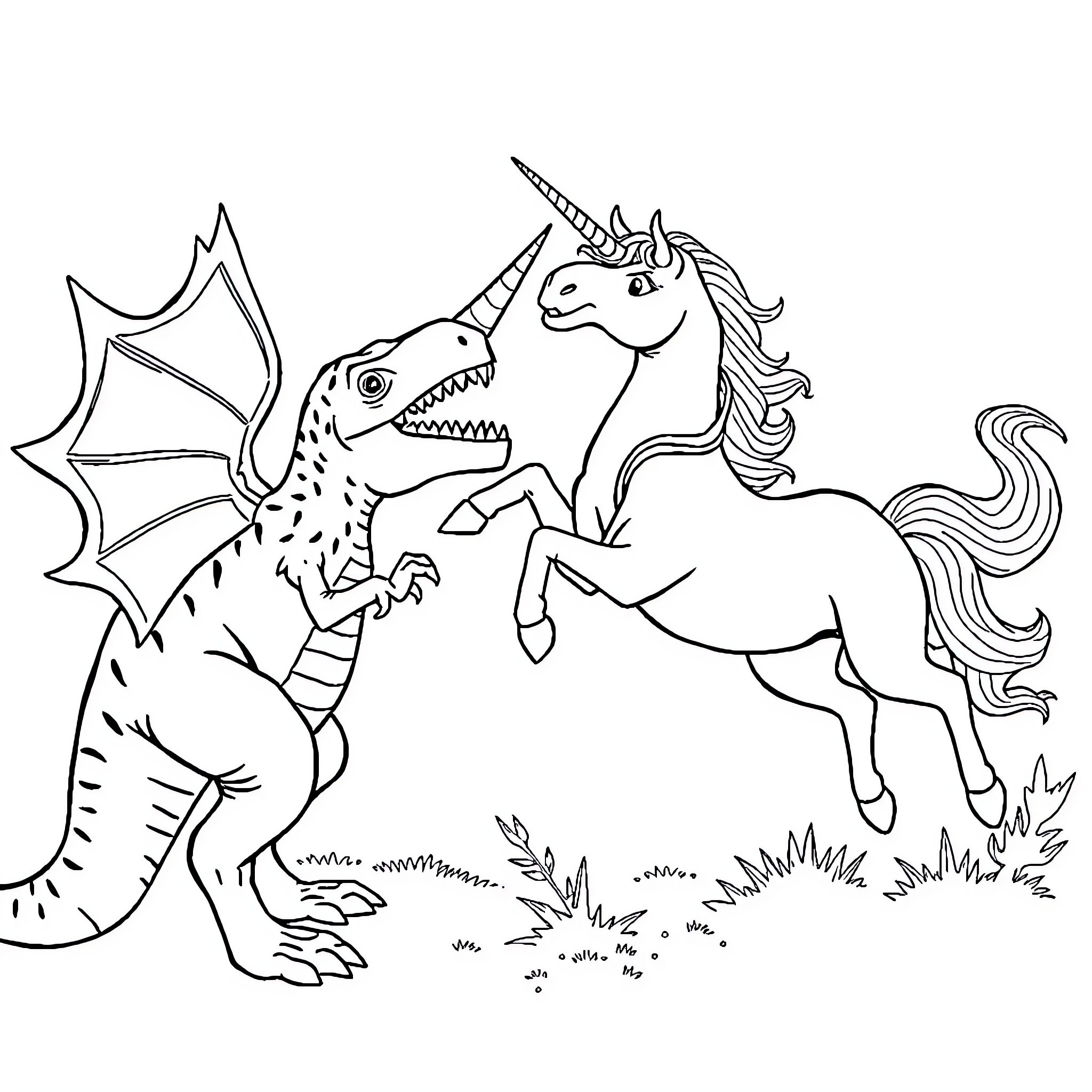 Dinosaur and Unicorn Engaged in a Playful Encounter Coloring Page (free black-and-white line drawing printable PDF for all, from beginners to advanced learners, including children, teens, adults, and seniors)