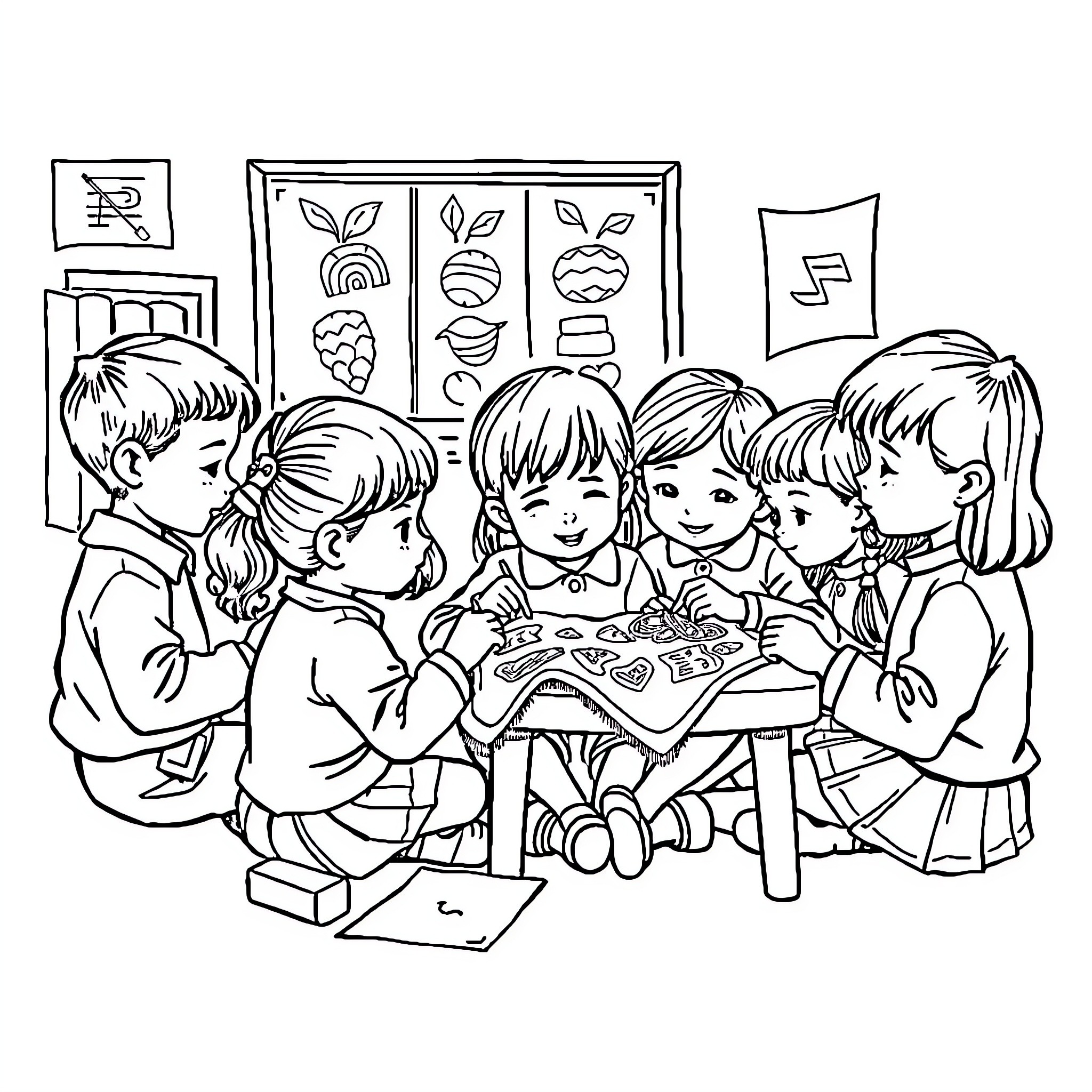 Stitch of kids sharing a meal together Coloring Page (free black-and-white line drawing printable PDF for all, from beginners to advanced learners, including children, teens, adults, and seniors)