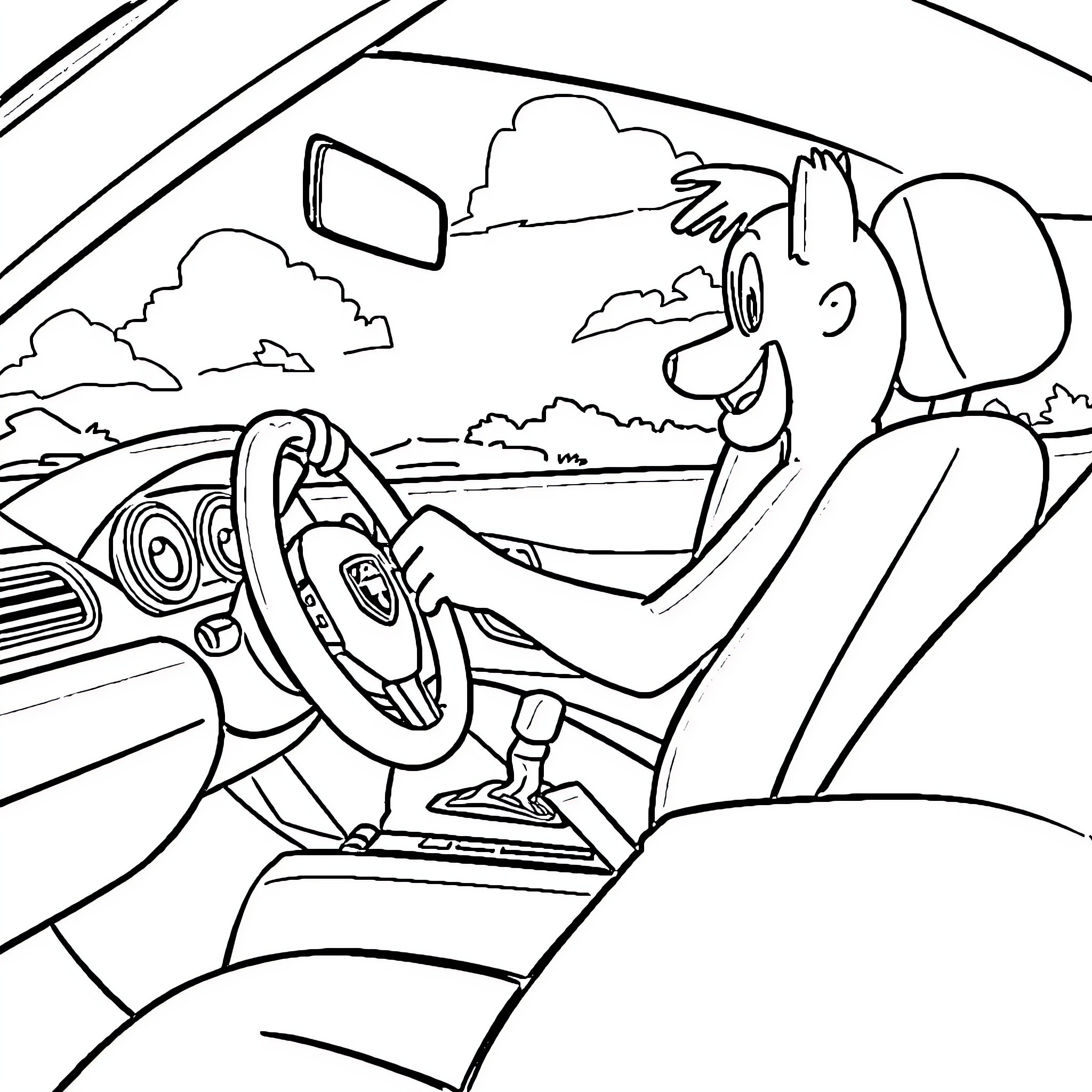 Bluey Driving the Family Car Coloring Page (free black-and-white line drawing printable PDF for all, from beginners to advanced learners, including children, teens, adults, and seniors)