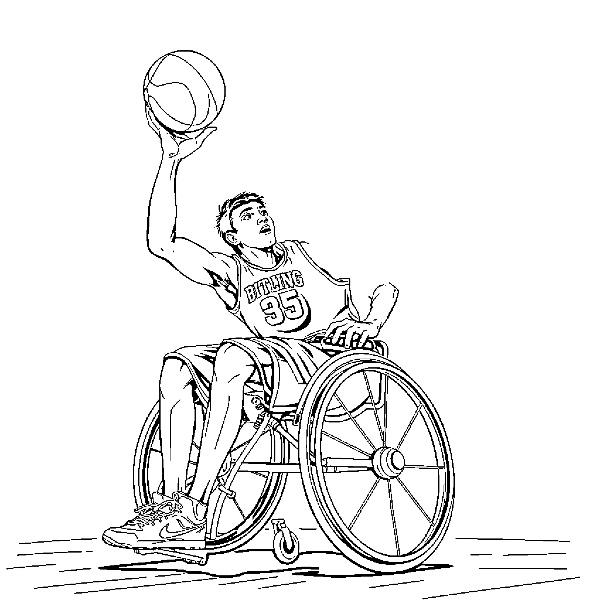 Basketball player in wheelchair shoots the ball Coloring Page (free black-and-white line drawing printable PDF for all, from beginners to advanced learners, including children, teens, adults, and seniors)