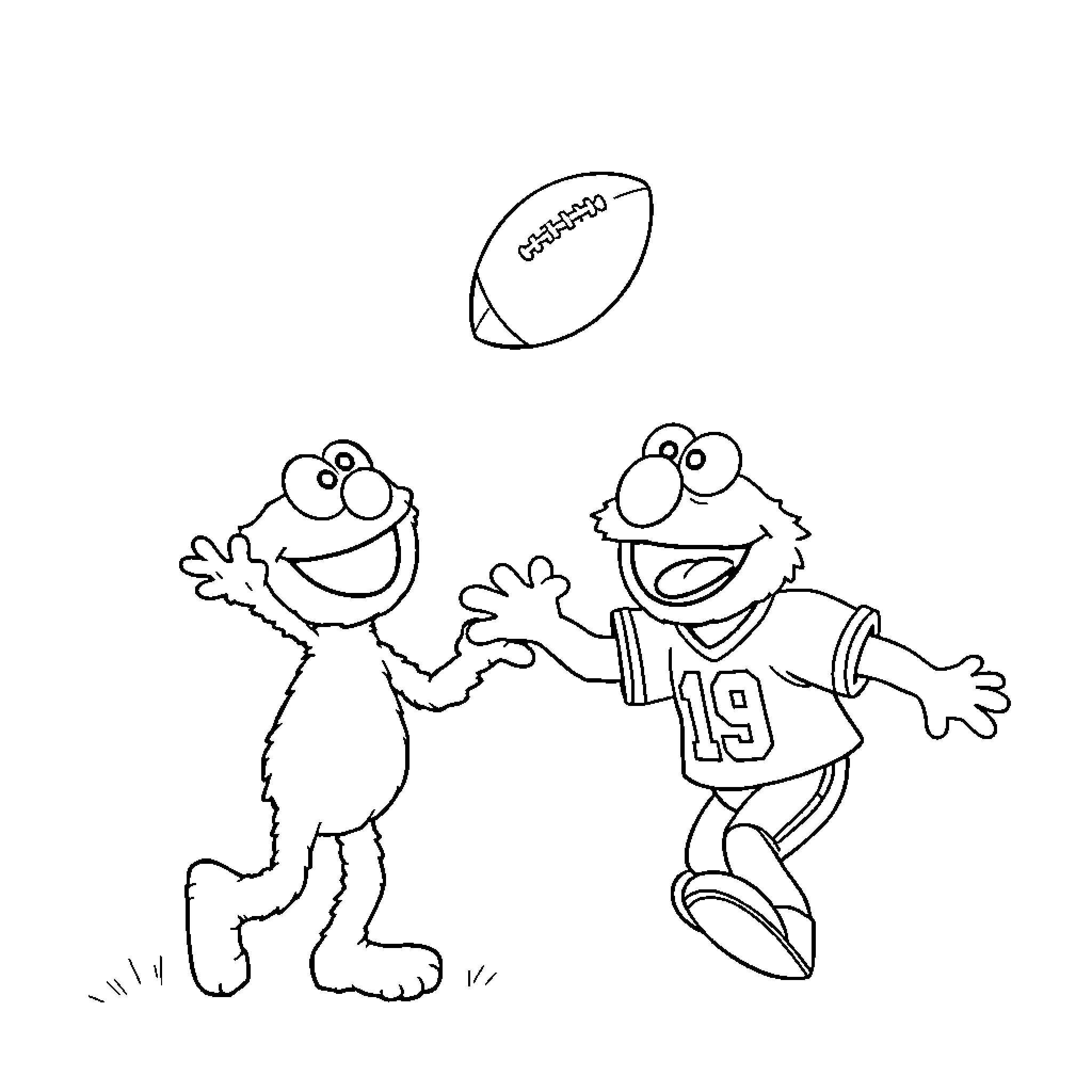 Elmo Playing with Friend and Football Coloring Page (free black-and-white line drawing printable PDF for all, from beginners to advanced learners, including children, teens, adults, and seniors)