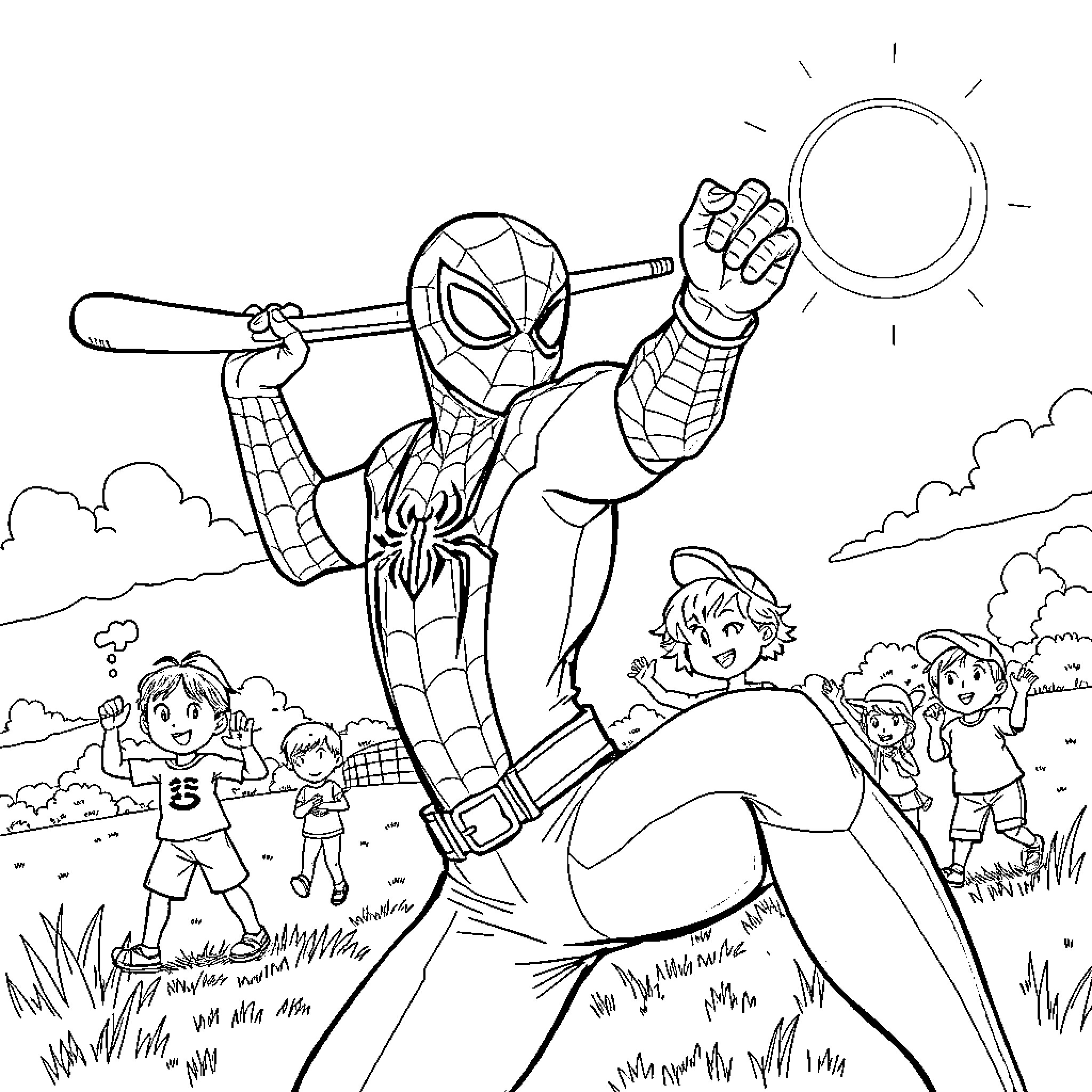 Spider-Man swings into action with young admirers Coloring Page (free black-and-white line drawing printable PDF for all, from beginners to advanced learners, including children, teens, adults, and seniors)
