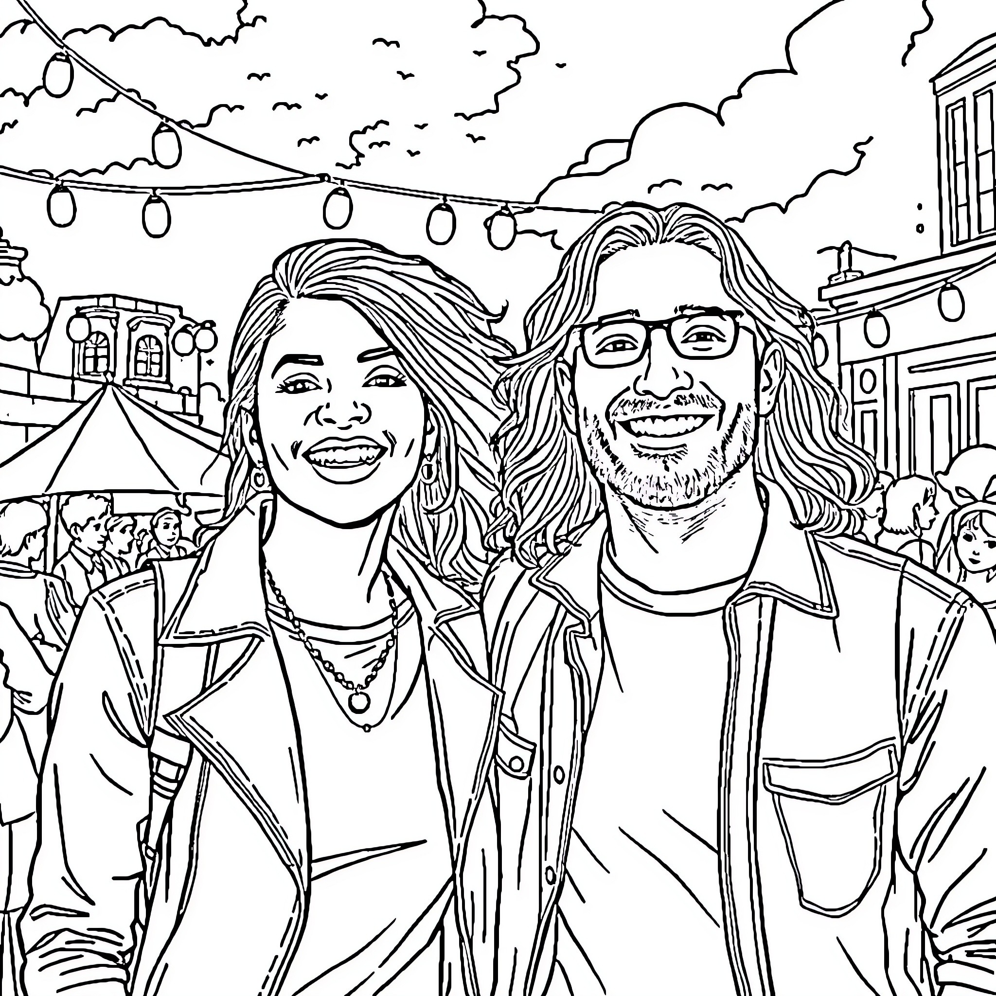 Neymar's Lively Celebration with Friends in the City Coloring Page (free black-and-white line drawing printable PDF for all, from beginners to advanced learners, including children, teens, adults, and seniors)