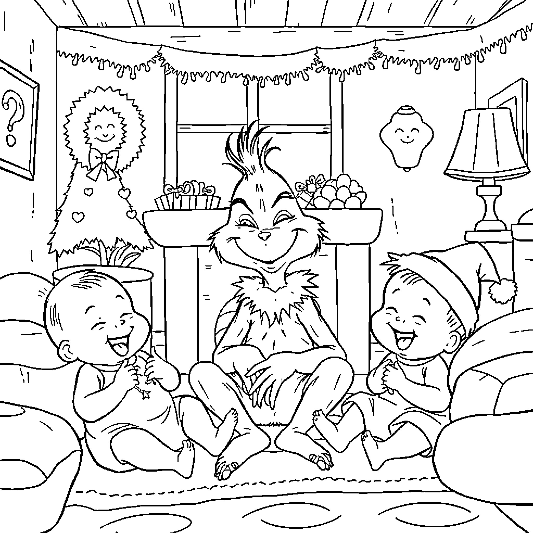 Grinch Enjoying Christmas with Cheerful Kids Coloring Page (free black-and-white line drawing printable PDF for all, from beginners to advanced learners, including children, teens, adults, and seniors)