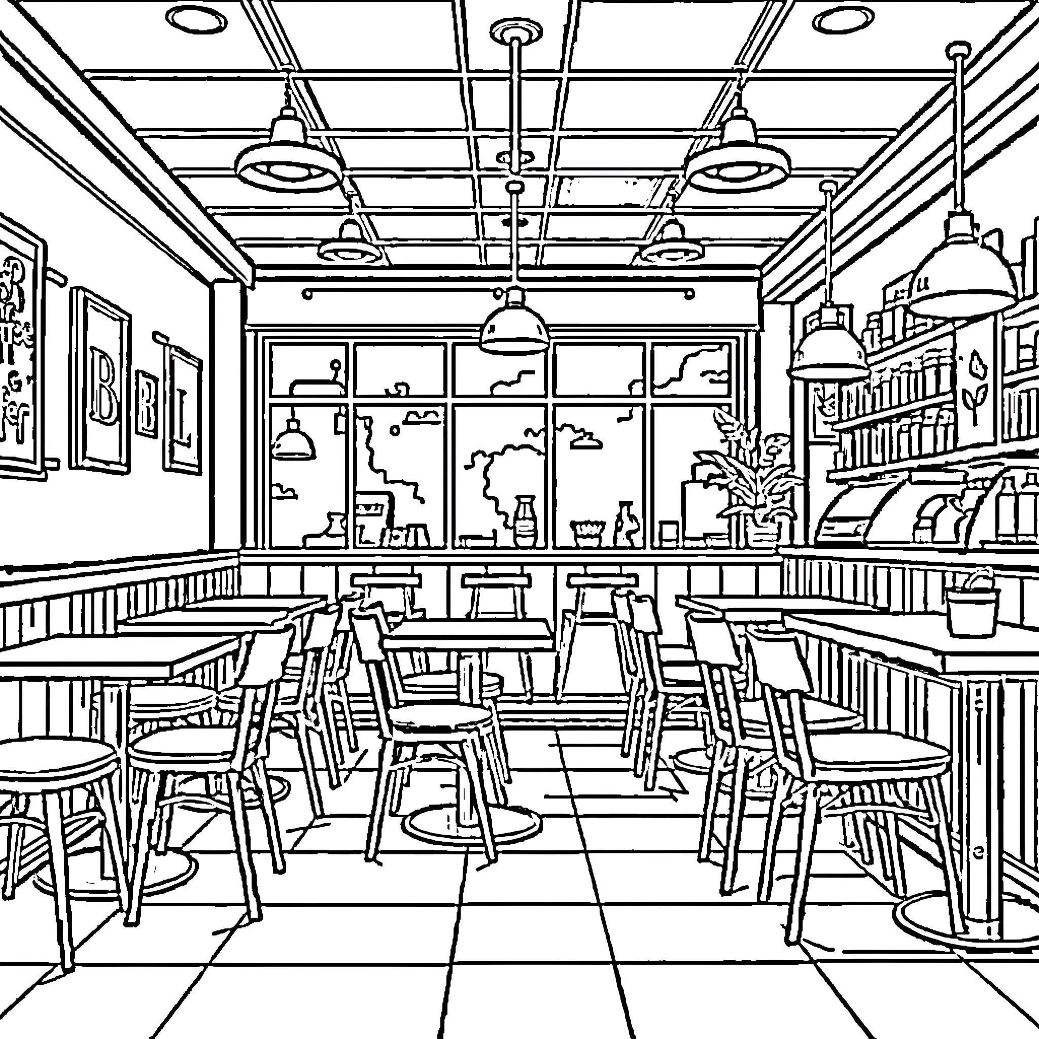Coffee Bar with Lively Atmosphere and Cozy Seating Coloring Page (free black-and-white line drawing printable PDF for all, from beginners to advanced learners, including children, teens, adults, and seniors)