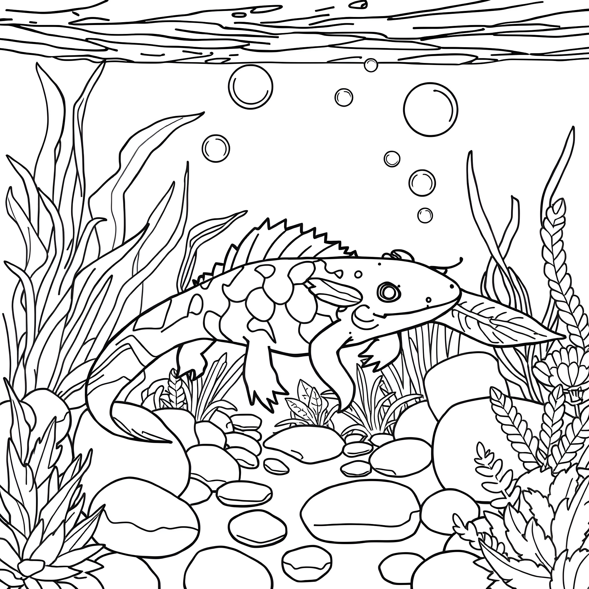 Axolotl exploring an underwater wonderland Coloring Page (free black-and-white line drawing printable PDF for all, from beginners to advanced learners, including children, teens, adults, and seniors)