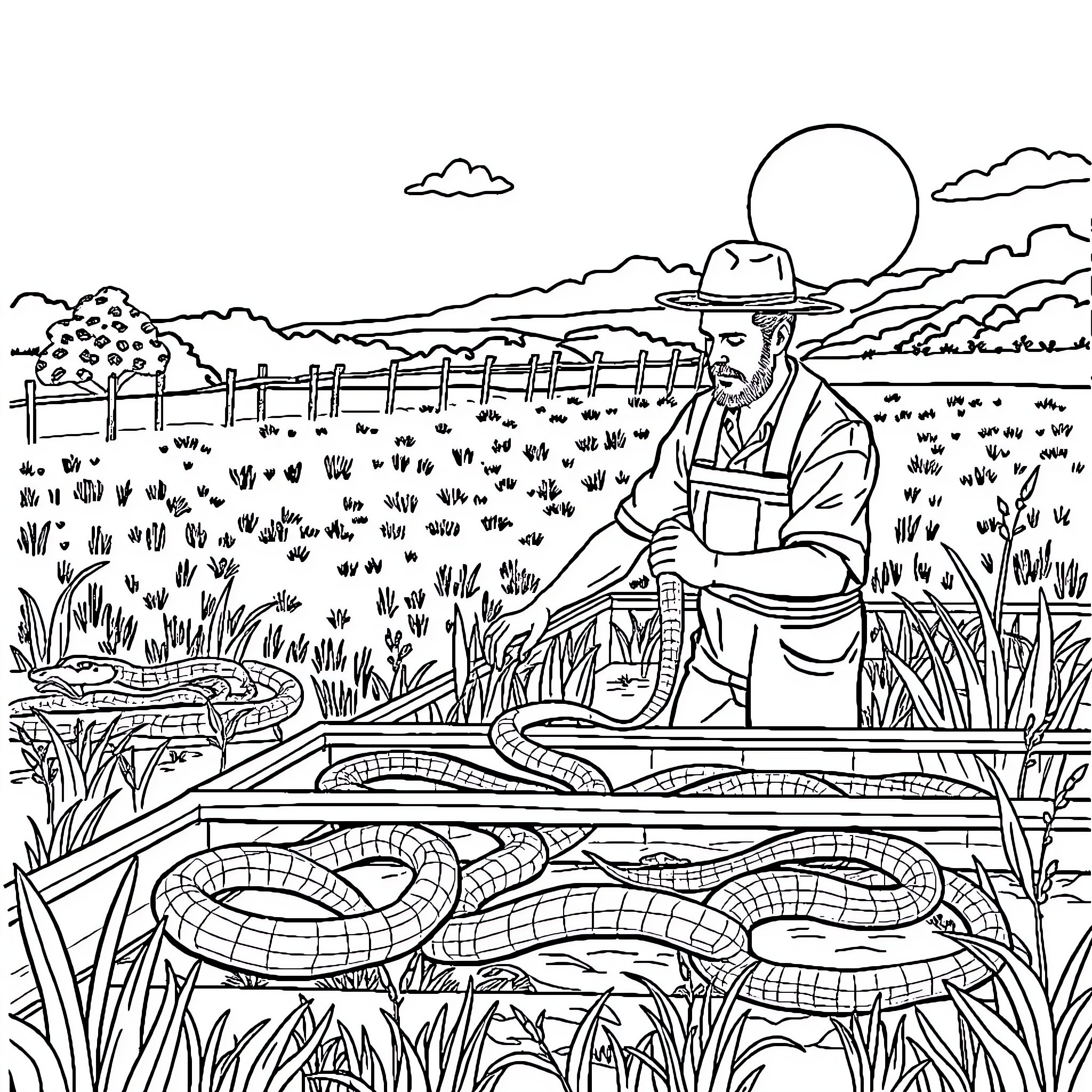 Snake charmer plays his instrument in a rural landscape Coloring Page (free black-and-white line drawing printable PDF for all, from beginners to advanced learners, including children, teens, adults, and seniors)