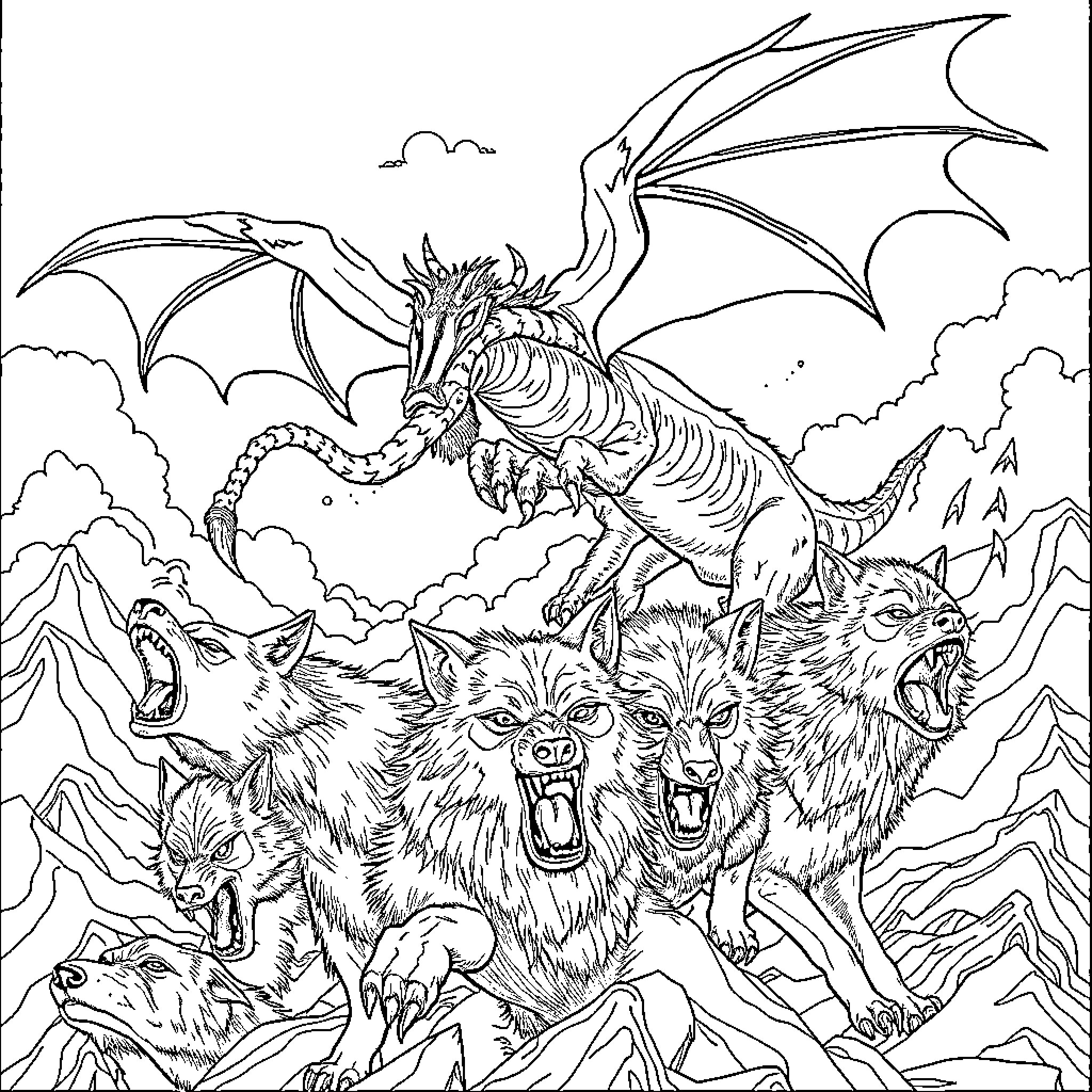 Dragon commanding pack of growling wolves in the mountains Coloring Page (free black-and-white line drawing printable PDF for all, from beginners to advanced learners, including children, teens, adults, and seniors)