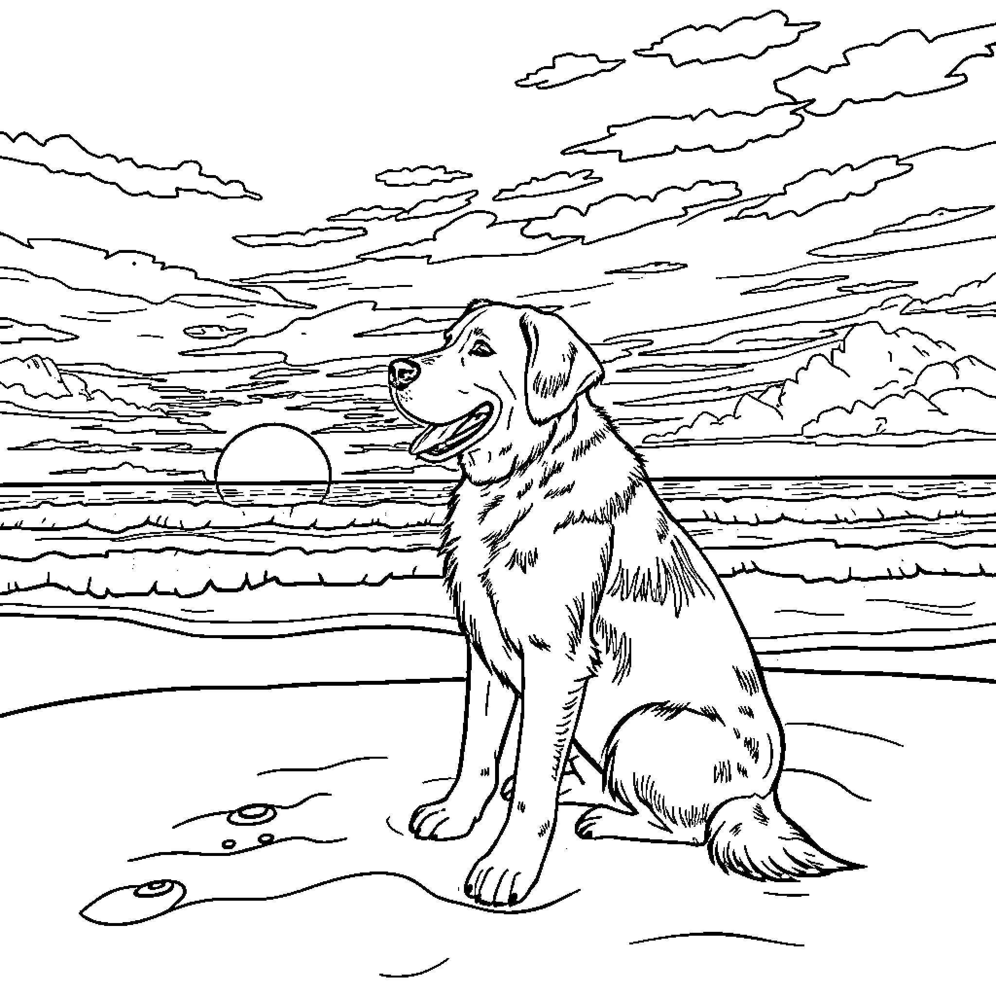 Dog enjoying the beach at sunset Coloring Page (free black-and-white line drawing printable PDF for all, from beginners to advanced learners, including children, teens, adults, and seniors)