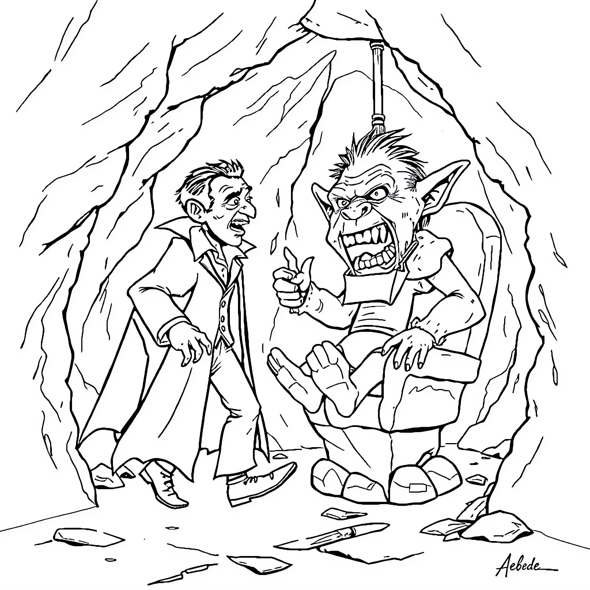 Vampire Confrontation in Mysterious Cave Coloring Page (free black-and-white line drawing printable PDF for all, from beginners to advanced learners, including children, teens, adults, and seniors)