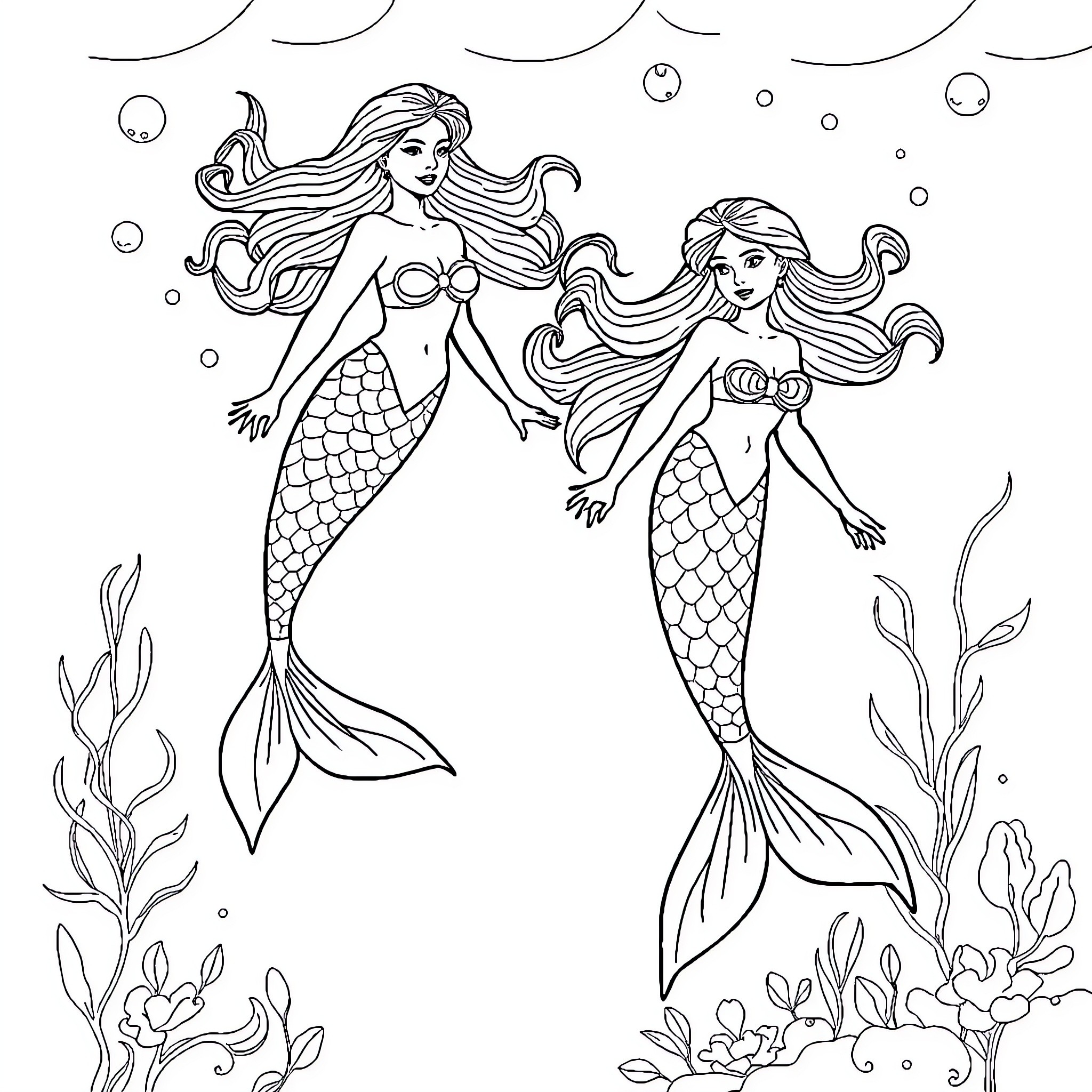 Mermaid sisters exploring the underwater world Coloring Page (free black-and-white line drawing printable PDF for all, from beginners to advanced learners, including children, teens, adults, and seniors)