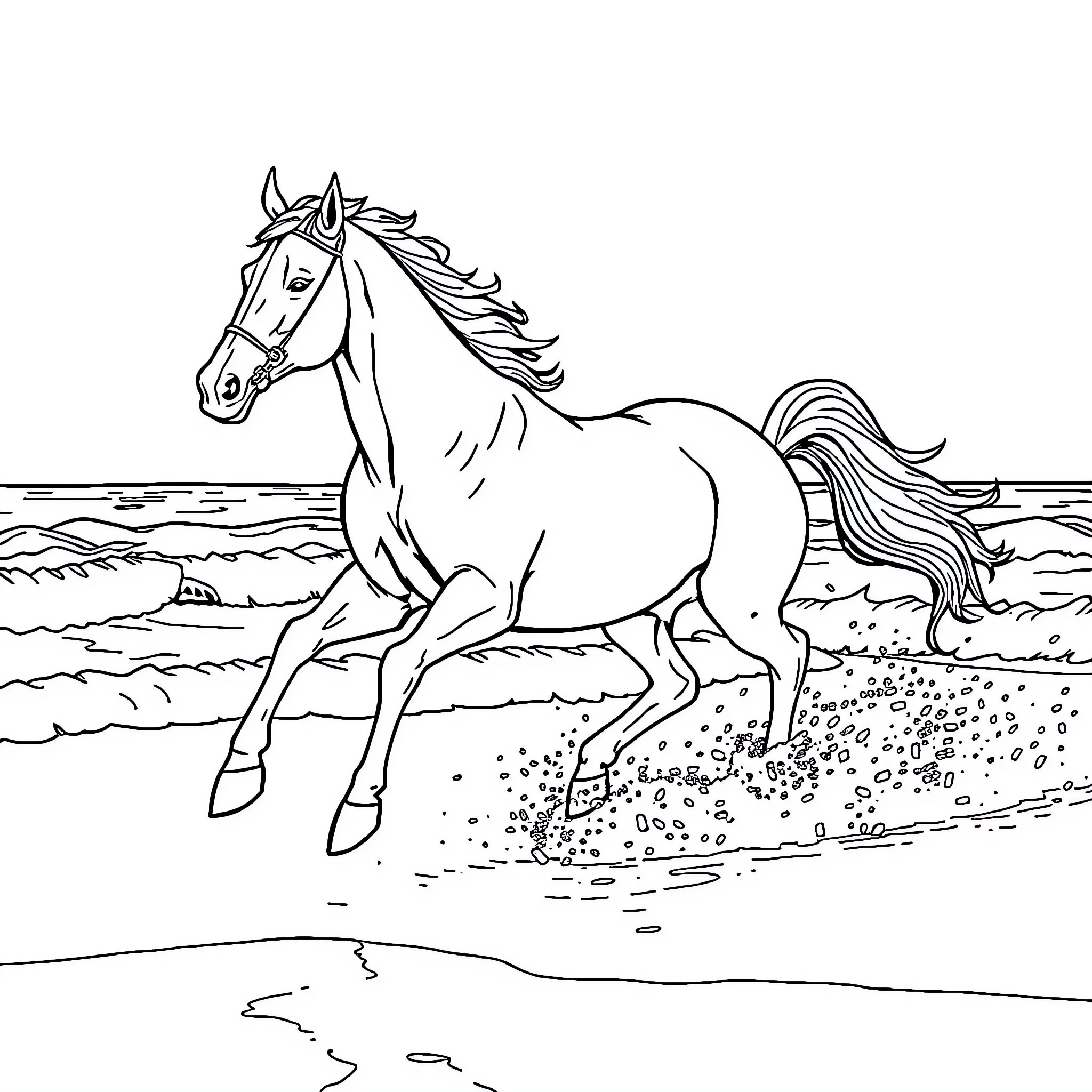 Horse running freely on the beach Coloring Page (free black-and-white line drawing printable PDF for all, from beginners to advanced learners, including children, teens, adults, and seniors)