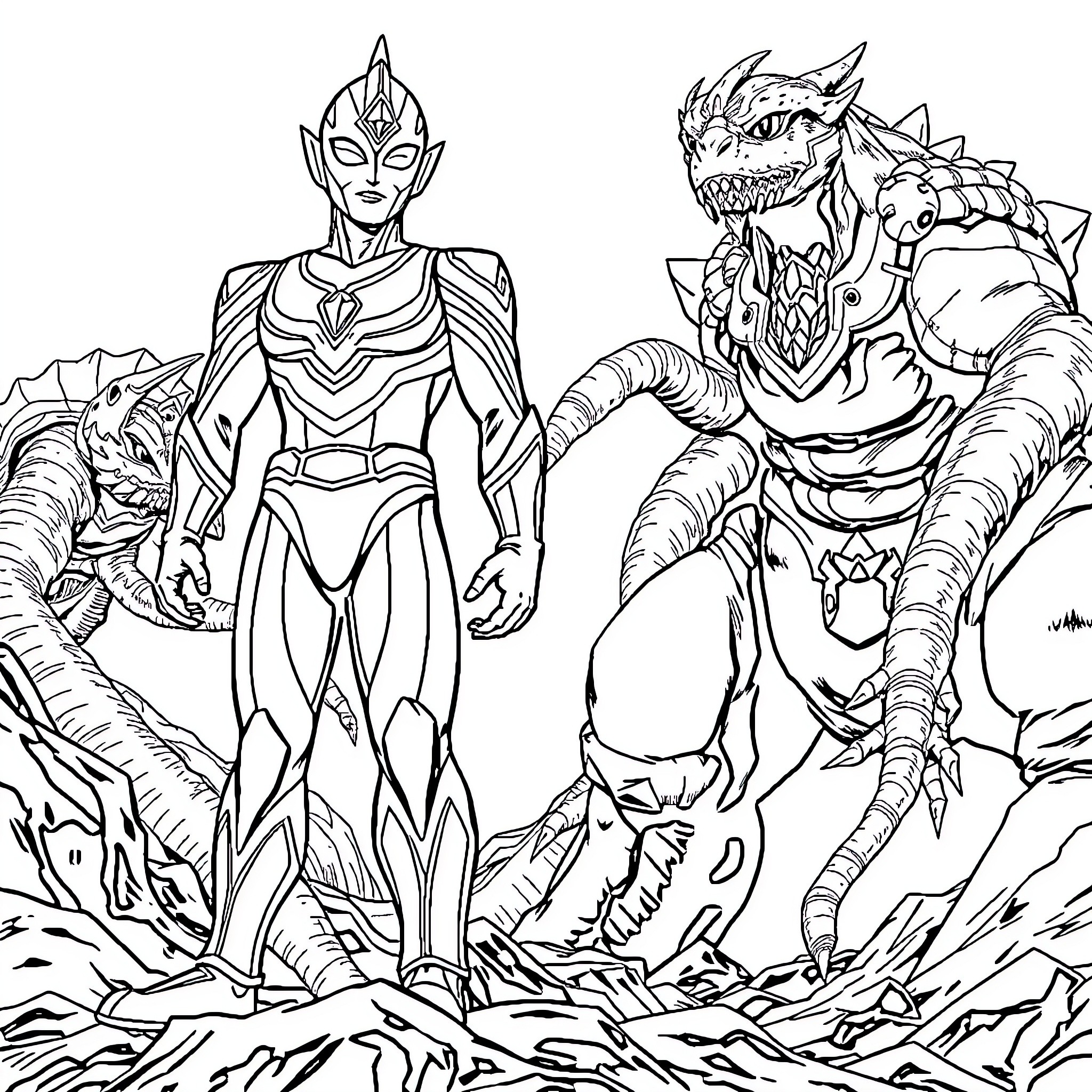 Ultraman confronting a formidable monster Coloring Page (free black-and-white line drawing printable PDF for all, from beginners to advanced learners, including children, teens, adults, and seniors)