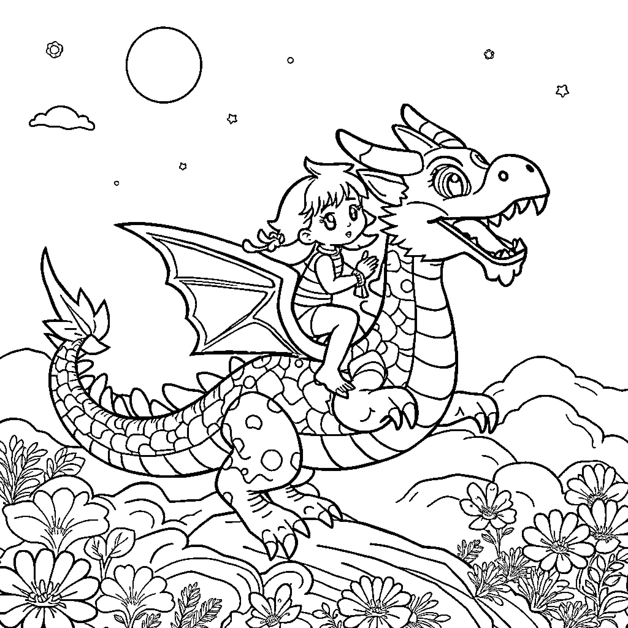 Dragon rider soaring above a magical landscape Coloring Page (free black-and-white line drawing printable PDF for all, from beginners to advanced learners, including children, teens, adults, and seniors)
