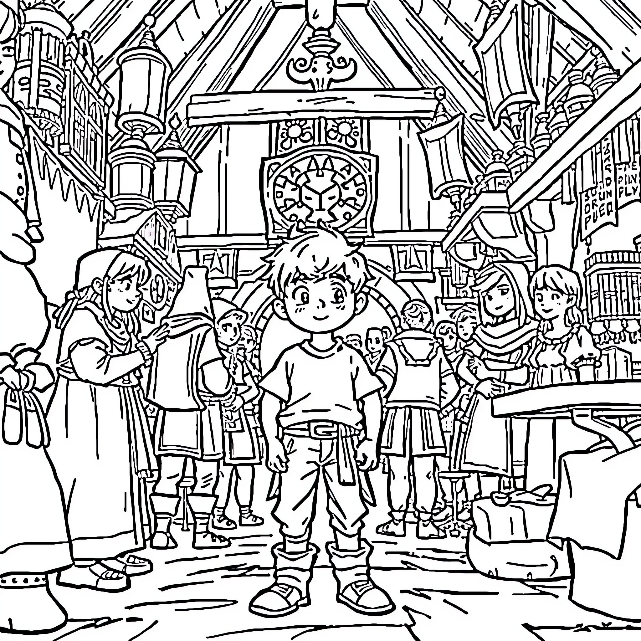 Boy explores magical fantasy world with friends Coloring Page (free black-and-white line drawing printable PDF for all, from beginners to advanced learners, including children, teens, adults, and seniors)