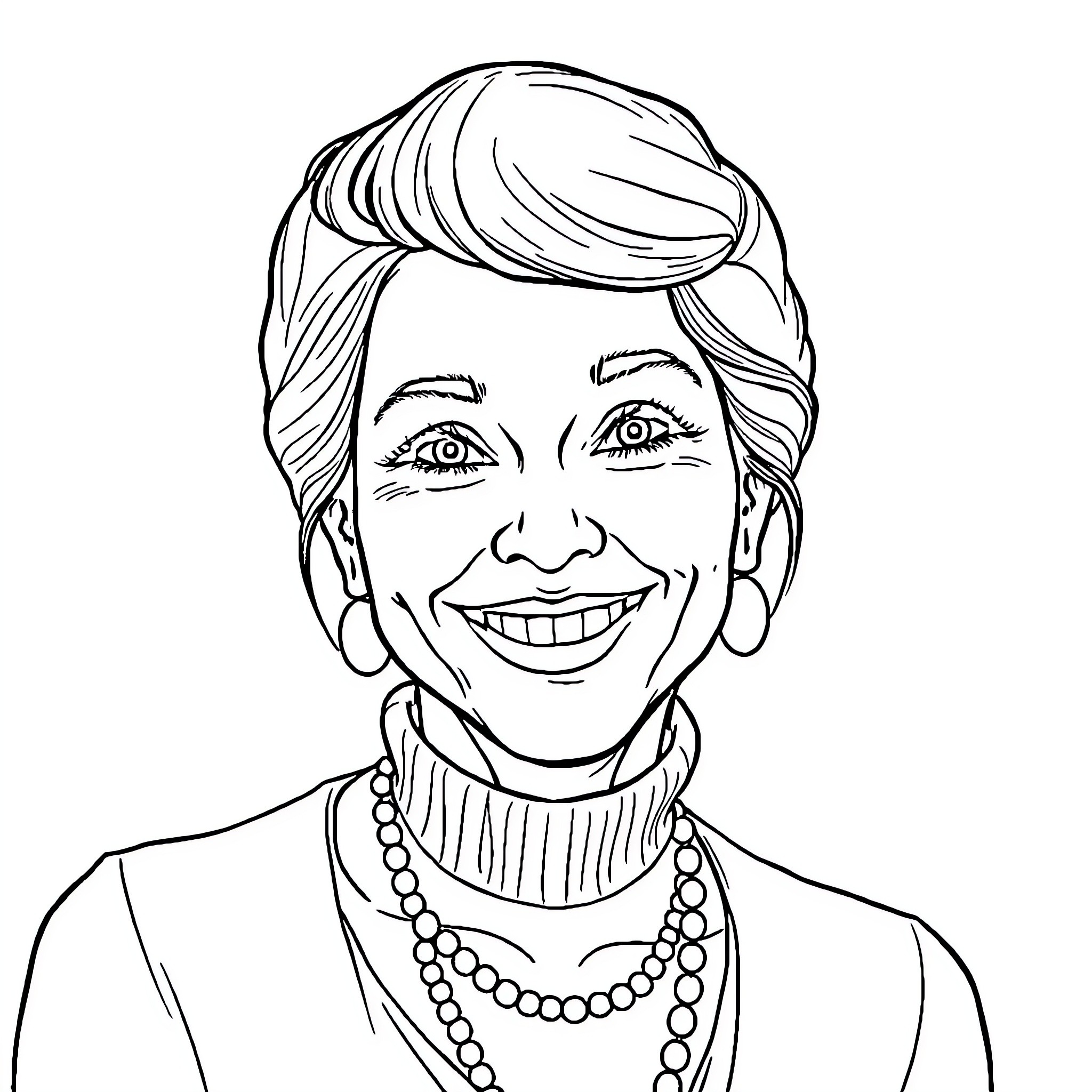 Merriam's Joyful Portrait Coloring Page (free black-and-white line drawing printable PDF for all, from beginners to advanced learners, including children, teens, adults, and seniors)
