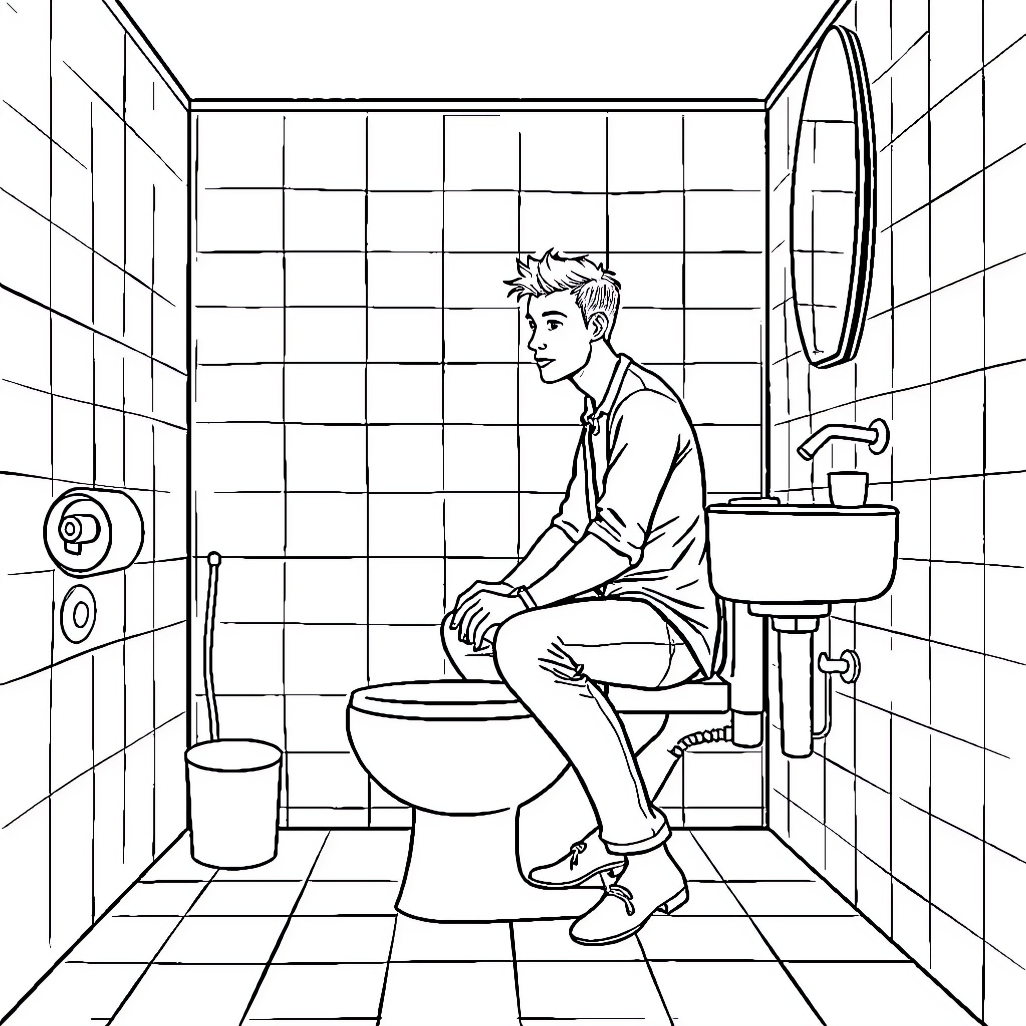 Man sitting alone on toilet in bathroom Coloring Page (free black-and-white line drawing printable PDF for all, from beginners to advanced learners, including children, teens, adults, and seniors)
