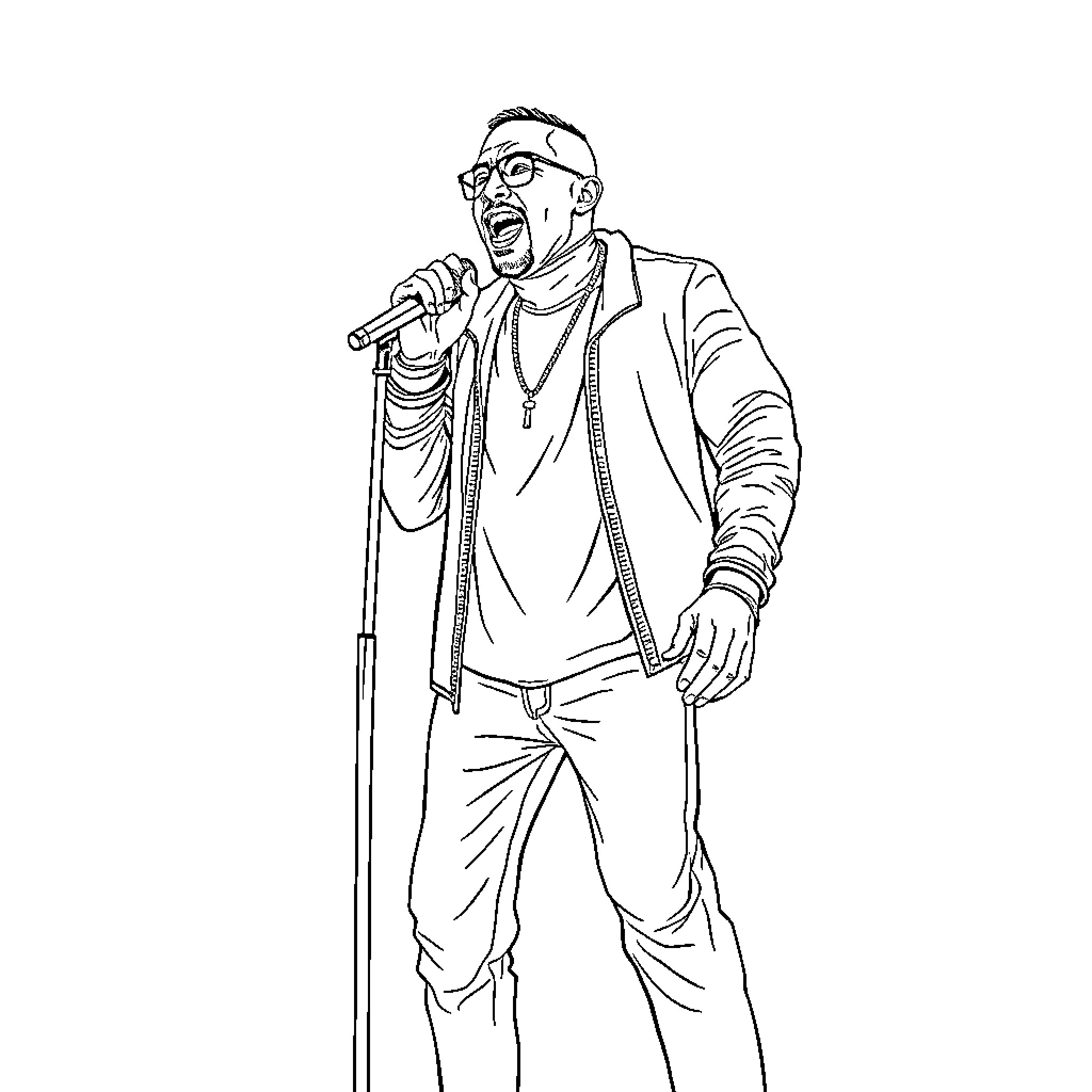 DMX Performing Powerfully on Stage Coloring Page (free black-and-white line drawing printable PDF for all, from beginners to advanced learners, including children, teens, adults, and seniors)
