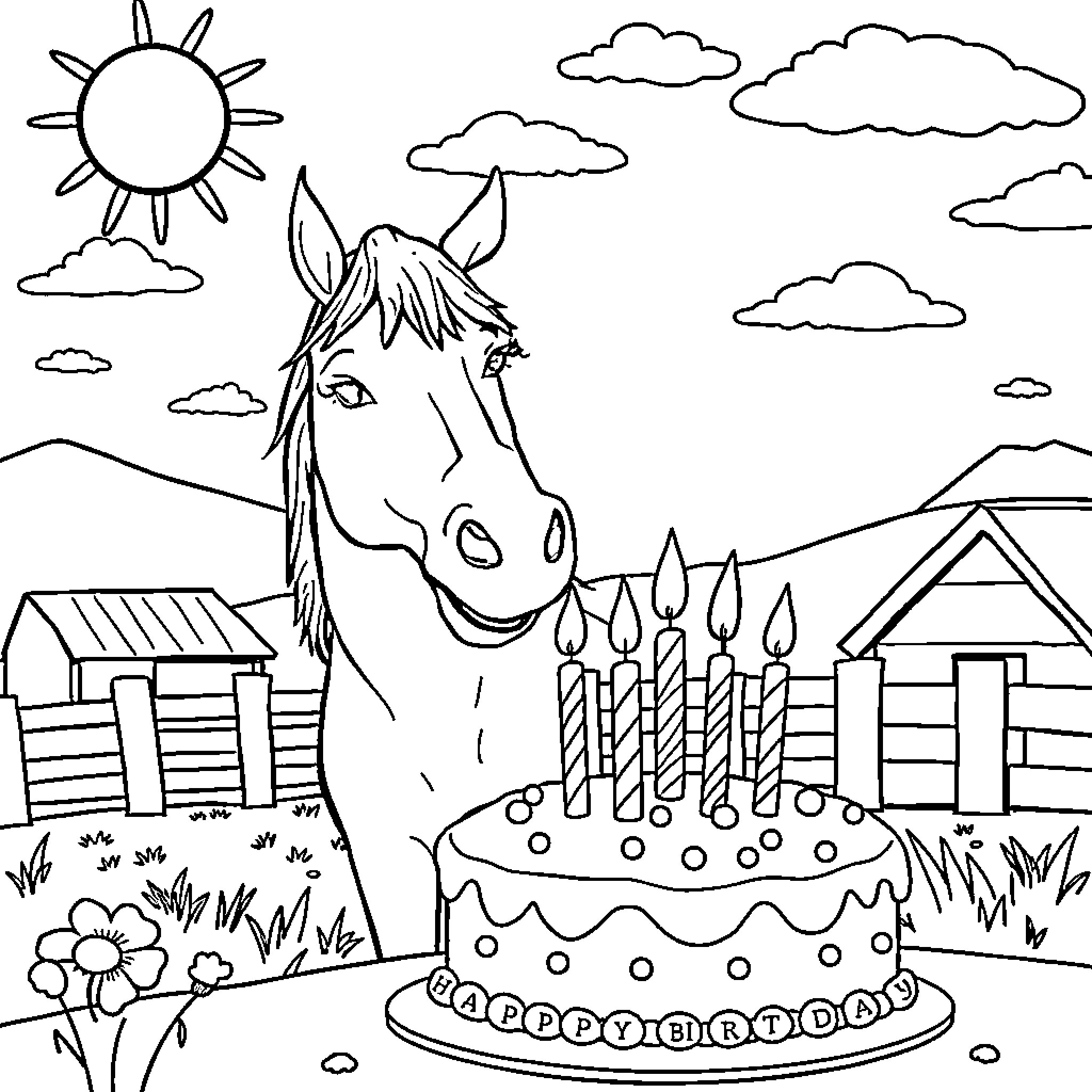 Horse enjoying birthday cake in countryside setting Coloring Page (free black-and-white line drawing printable PDF for all, from beginners to advanced learners, including children, teens, adults, and seniors)