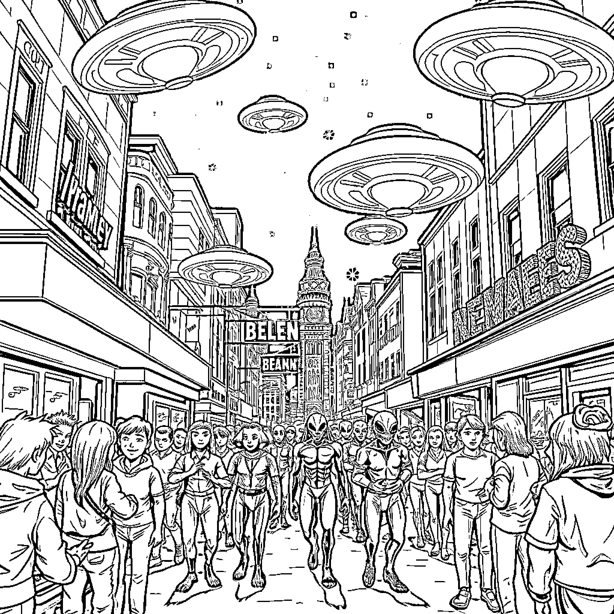 Alien Invasion Descends on City Dwellers Coloring Page (free black-and-white line drawing printable PDF for all, from beginners to advanced learners, including children, teens, adults, and seniors)