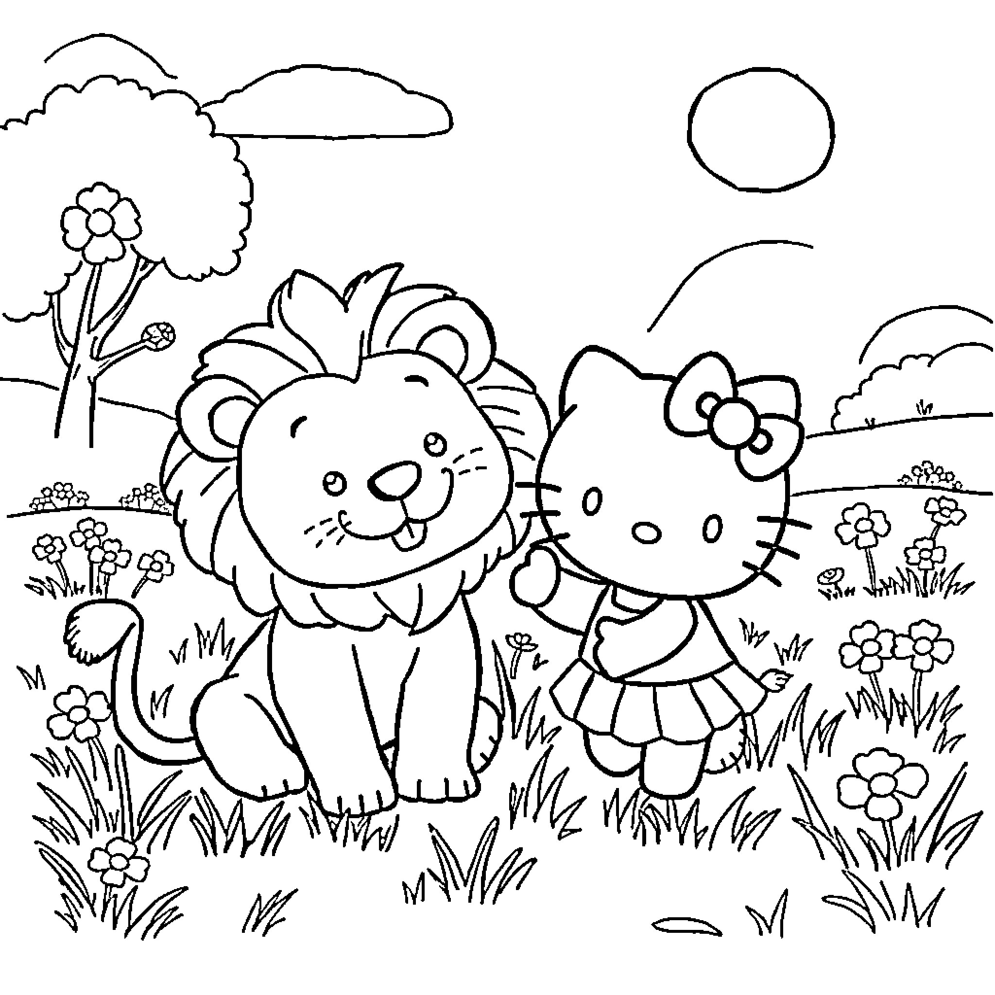 Lion and Hello Kitty explore the meadow Coloring Page (free black-and-white line drawing printable PDF for all, from beginners to advanced learners, including children, teens, adults, and seniors)