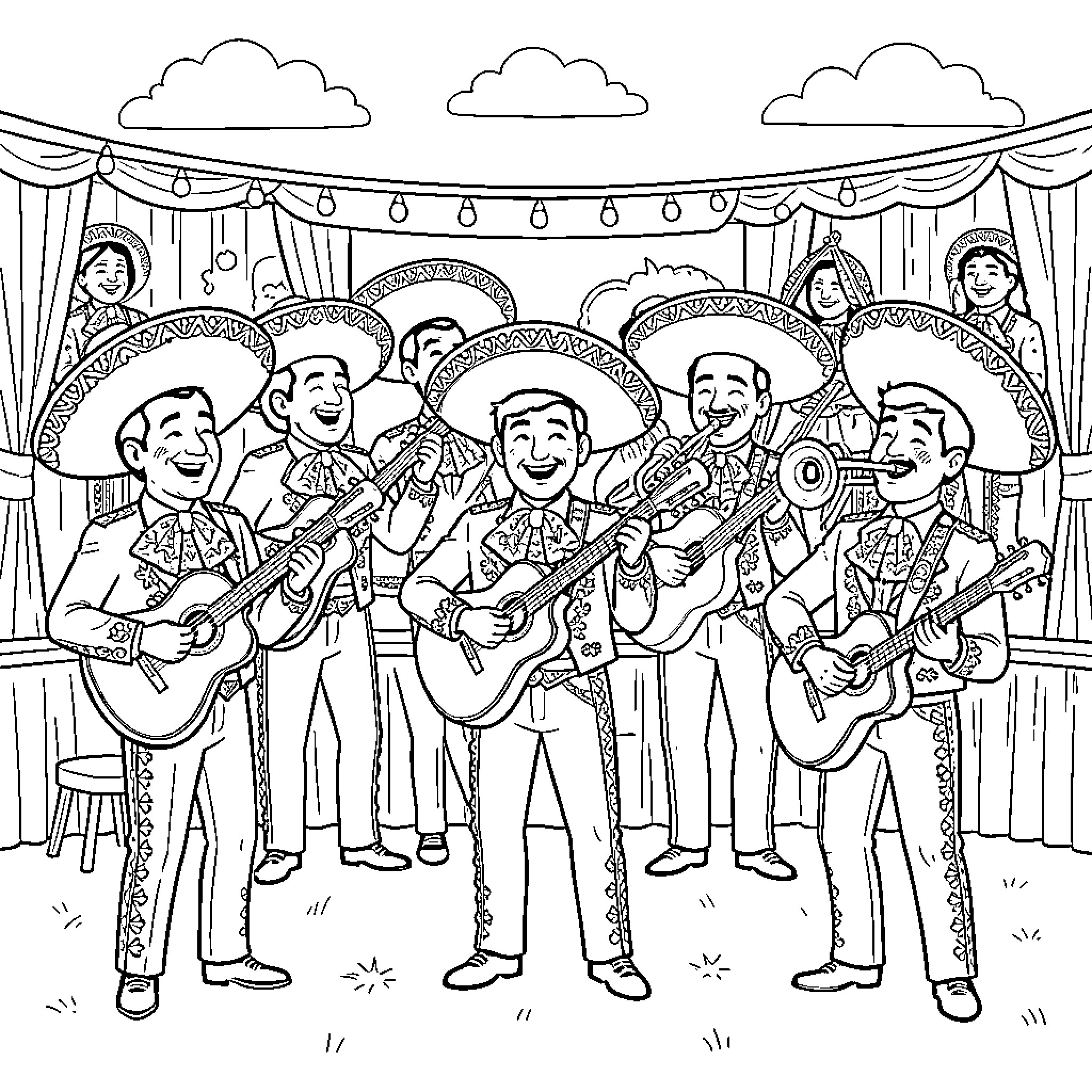 Mariachi Performers Entertaining on Stage Coloring Page (free black-and-white line drawing printable PDF for all, from beginners to advanced learners, including children, teens, adults, and seniors)