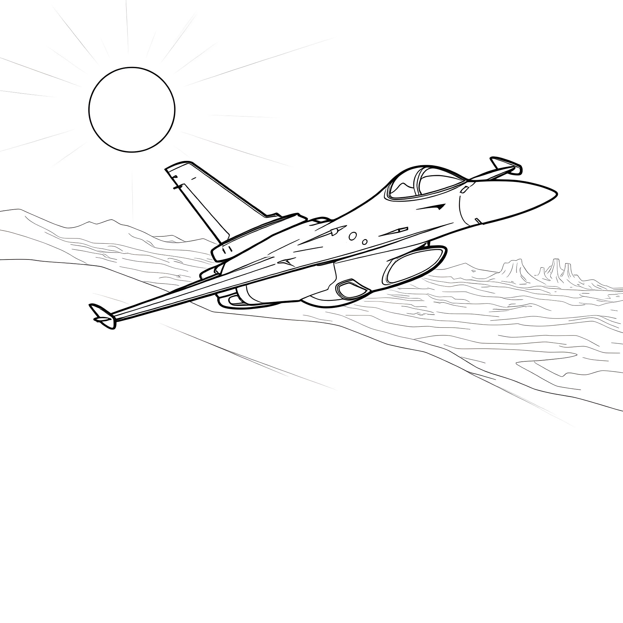 Viper fighter jet soaring over mountainous terrain Coloring Page (free black-and-white line drawing printable PDF for all, from beginners to advanced learners, including children, teens, adults, and seniors)