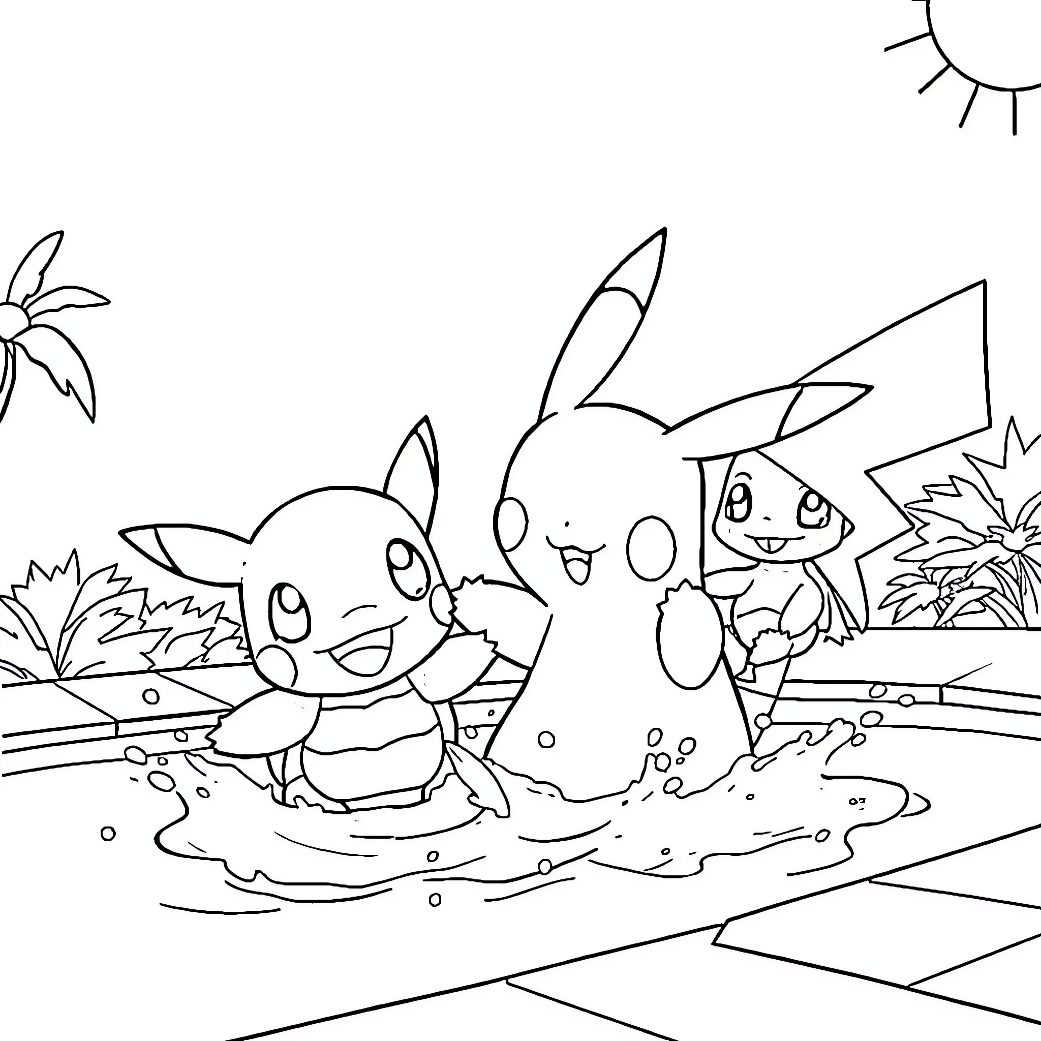 Pikachu and friends playing in the outdoors Coloring Page (free black-and-white line drawing printable PDF for all, from beginners to advanced learners, including children, teens, adults, and seniors)