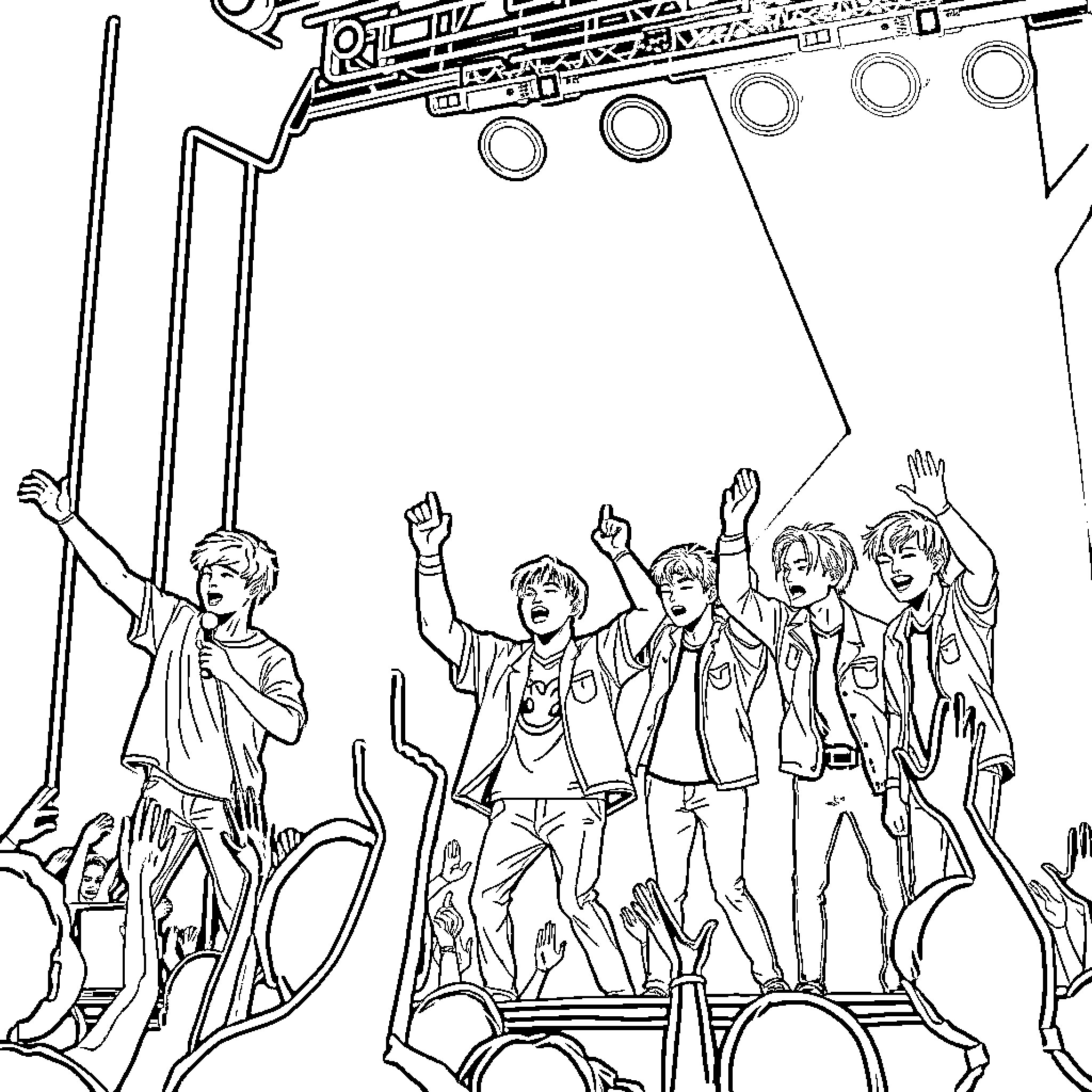Kpop Boy Group Performing on Stage with Enthusiasm Coloring Page (free black-and-white line drawing printable PDF for all, from beginners to advanced learners, including children, teens, adults, and seniors)