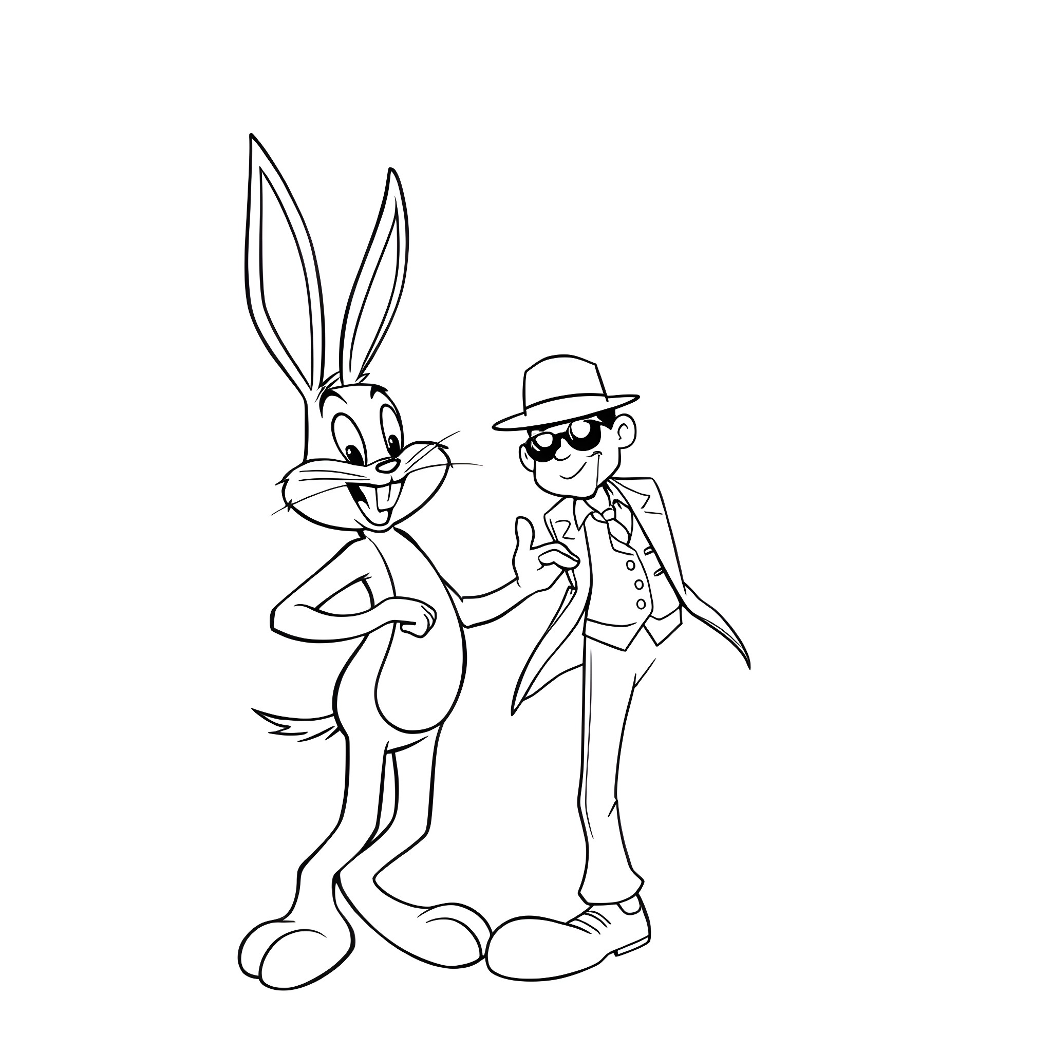 Bugs Bunny and Elmer Fudd in cartoon adventure Coloring Page (free black-and-white line drawing printable PDF for all, from beginners to advanced learners, including children, teens, adults, and seniors)